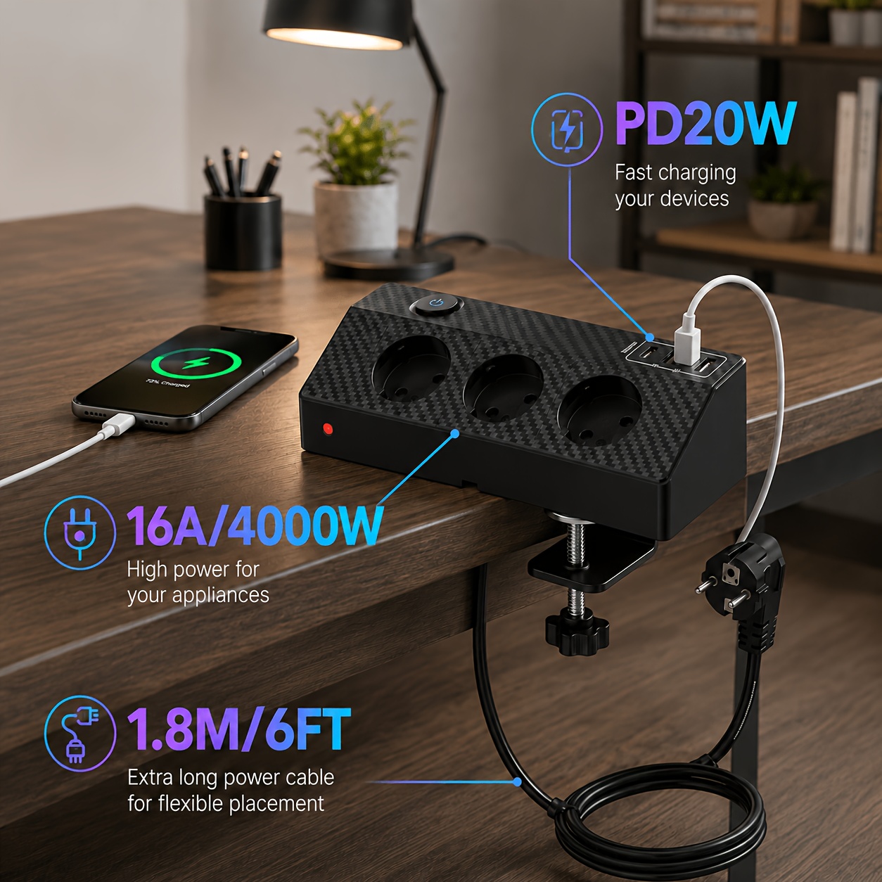 Image of 7-in-1 Clamp Desk Power Strip With Switch, Rectangle, 3 Ac Outlets, 2 Usb-a, 2 Usb-c (pd 20w), & Short Circuit Protection, 110-240v, European Standard Plug, Cable 1800j