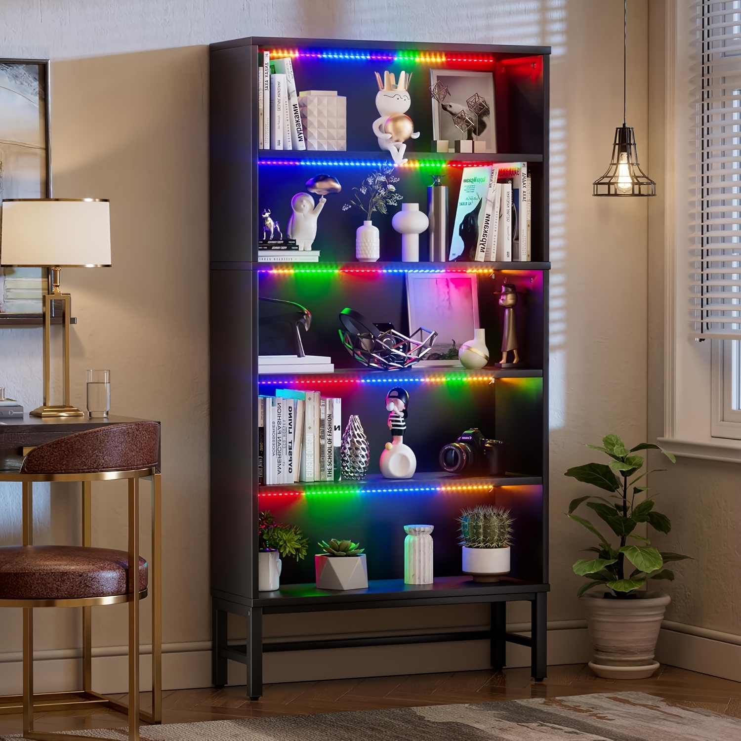 Image of Display Cabinet, 90x30x178cm, Mobile Display Cabinet For Living Room, Five-tiered Storage Cabinet, , Suitable For Displaying Ornaments In Living Room, Bedroom, Study And Office, Black