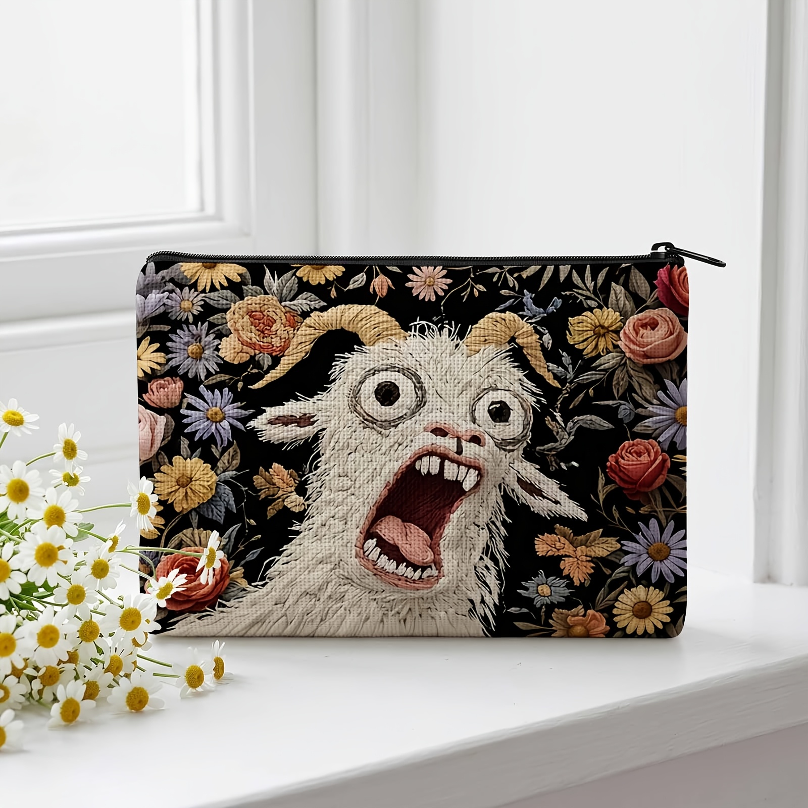 TEMU 1 trousse cosmétique durable avec motif de chèvre de fleurs, trousse de toilette de voyage et pochette de rangement, parfaite pour quotidienne