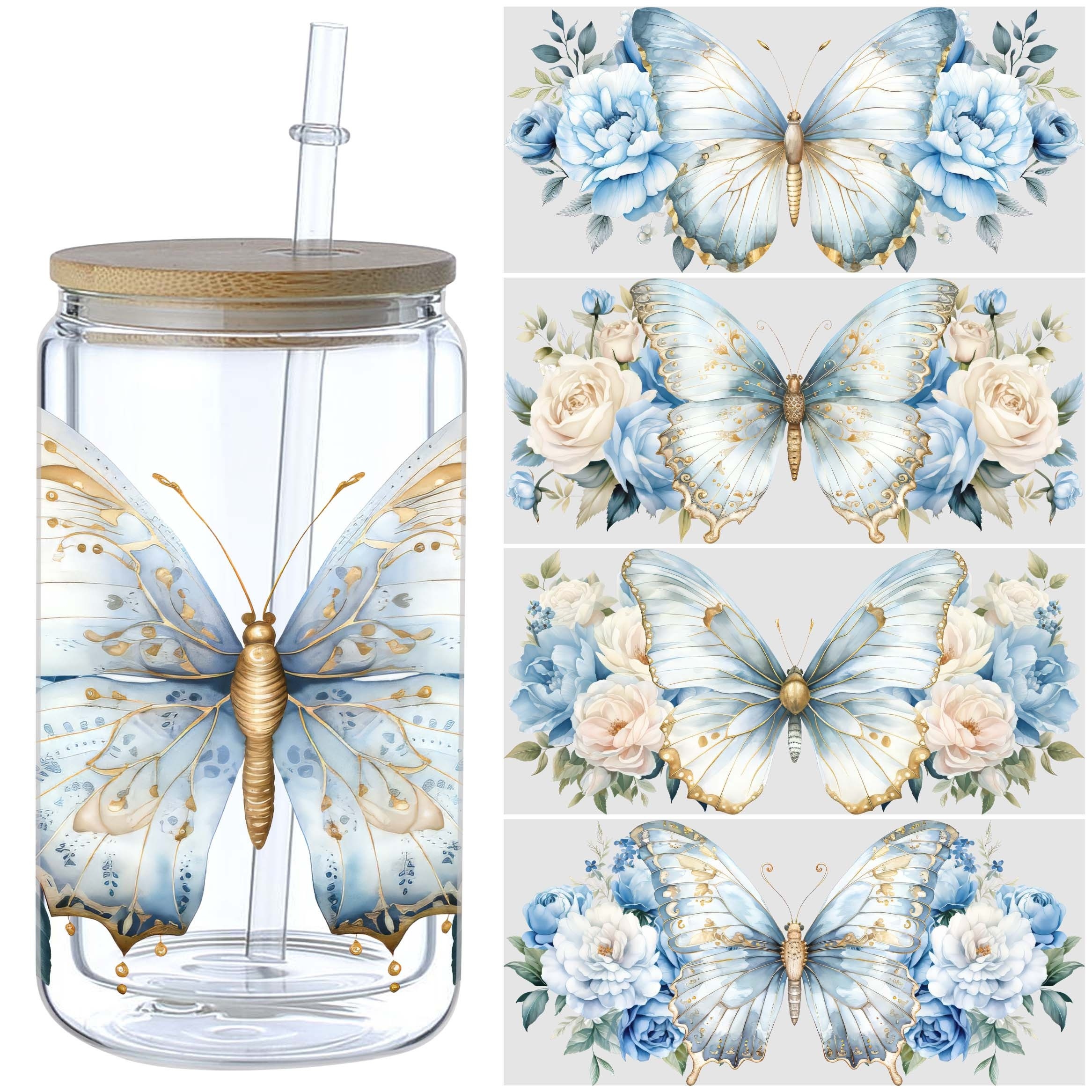 

5pcs & Dtf Transfer Stickers For 16oz Glass Cups - Waterproof, Scratch-resistant, Easy Diy Decals With Elegant Blue Butterflies & Design