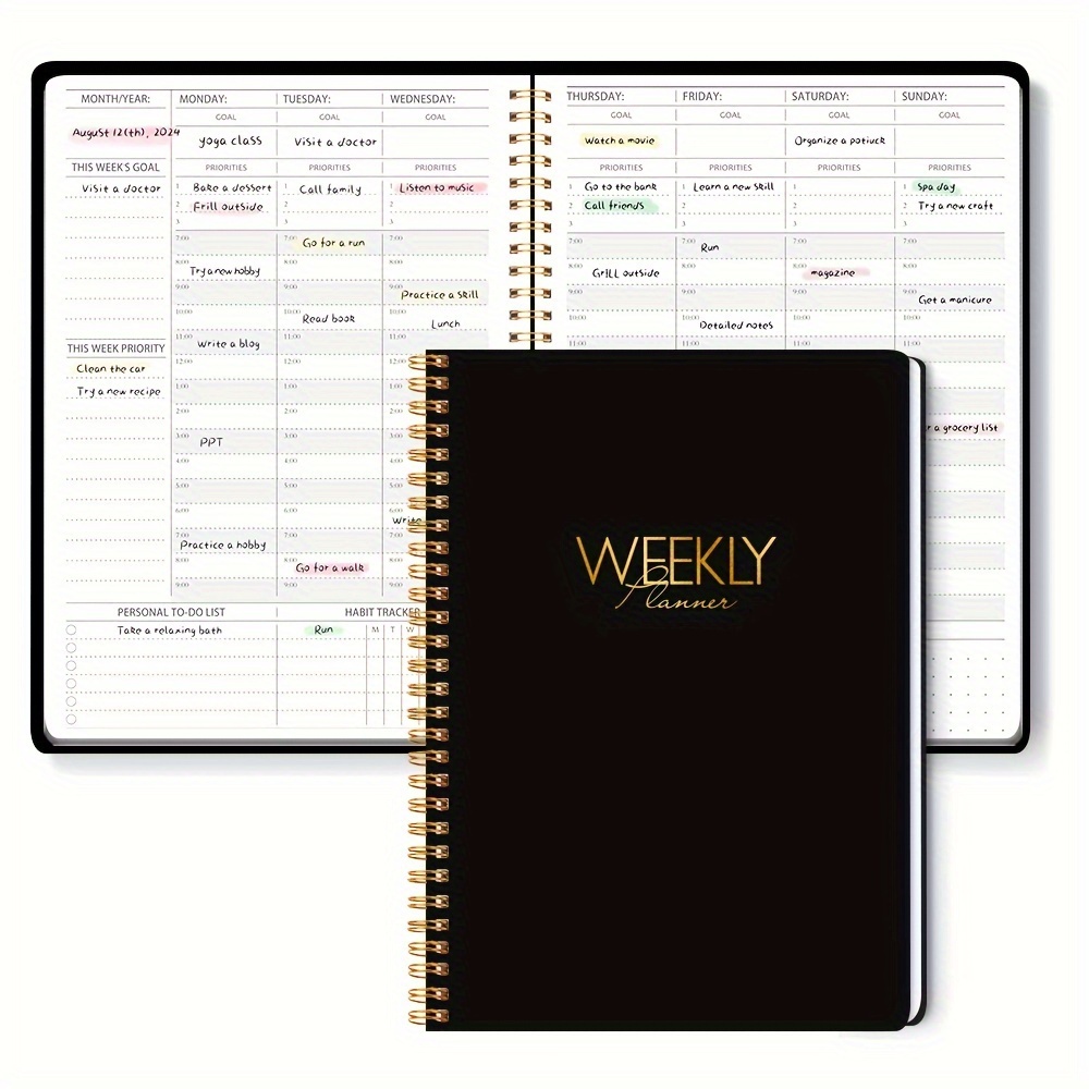 TEMU Weekly Planner, Simplify Your Life, Black , To-do List & Work Organizer, 10x7.5in, Spiral Bound, Paper Cover, English Text, For Students, Professionals, And Families - Office Supplies