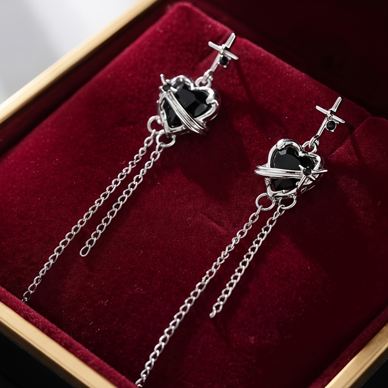 TEMU 1 Pair Dark Sweet Cool Star-studded Black Heart Glass Tassel Long Dangle Earrings, Suitable For Women's Casual Daily Wear, Premium Heart-shaped