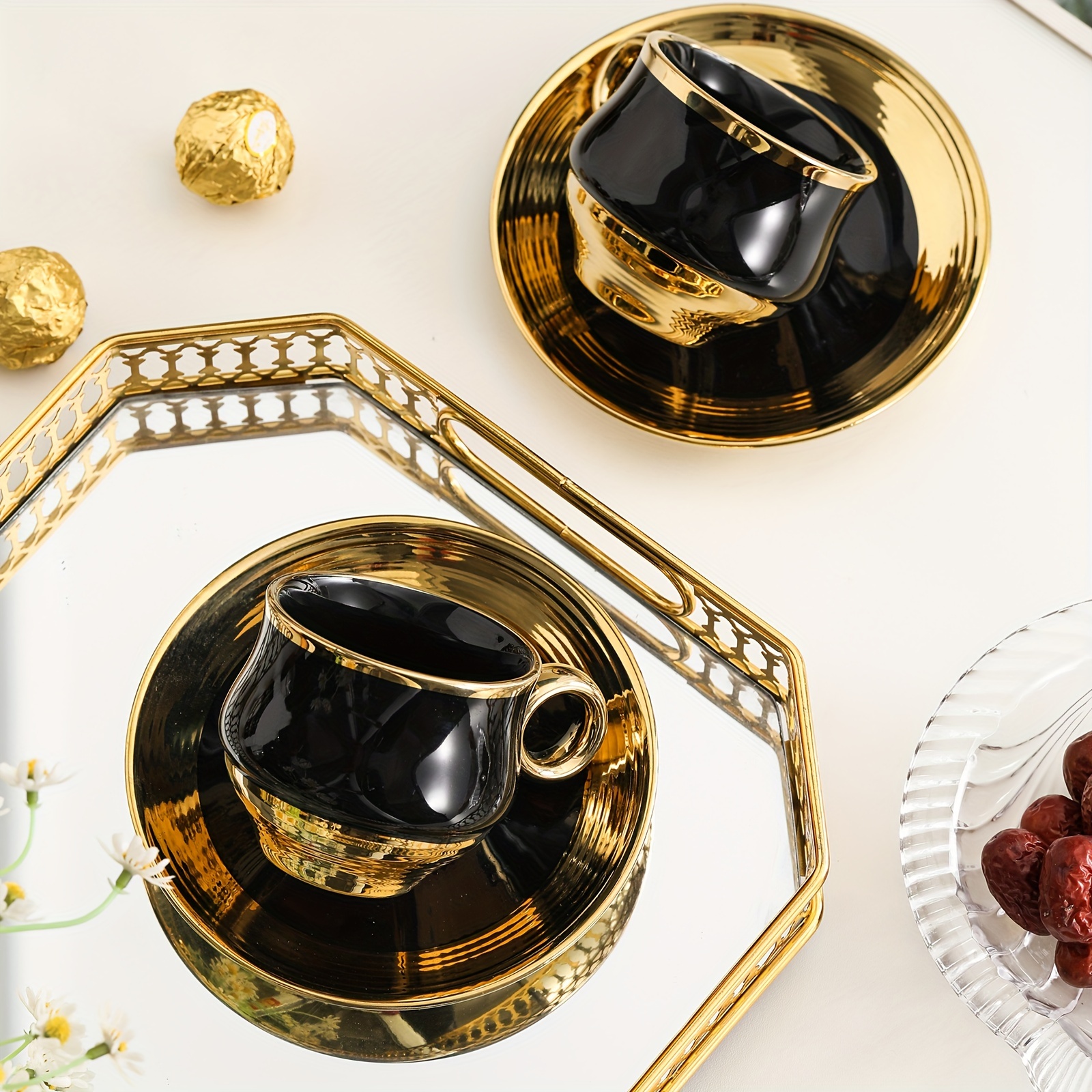 elegant gold trimmed black ceramic coffee cup and saucer set hand wash only bpa free microwave safe insulated easter theme reusable graphic pattern oval shaped multipurpose use for cold beverages ideal for adults luxury business gift 6 cups 6 saucers 150ml 5 29oz details 4
