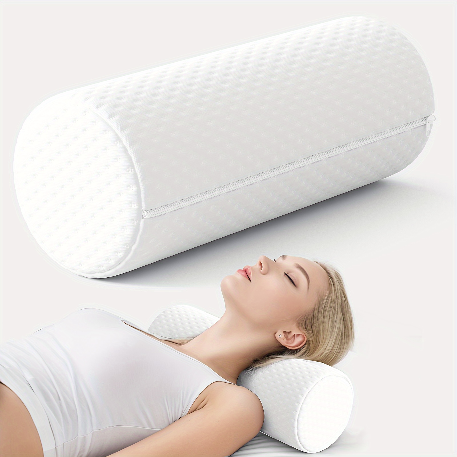 

1pc Round Cervical Roll Pillow With Removable Washable Cover, Ergonomically Designed For Head, Neck, Back And Legs, Ideal For Supporting The Spine And Neck During Sleep White