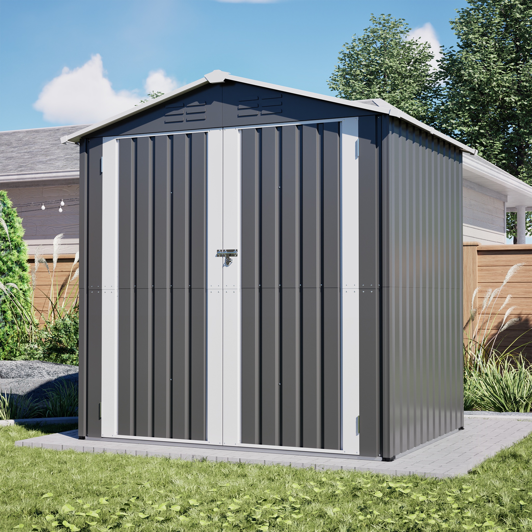 185x142x185cm Outdoor Tool Shed, Garden Shed (includes Metal Foundation), Lockable Door, Temporary Removable Shed For Backyard, Terrace, Lawn, Grey, Temporary & Removable