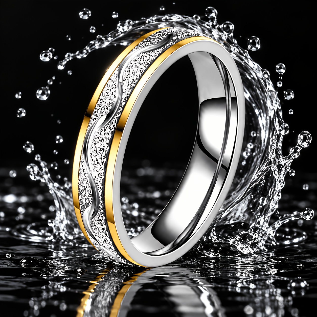 Women's 304 Stainless Steel Slim Band Ring, Engraved Wave Pattern
