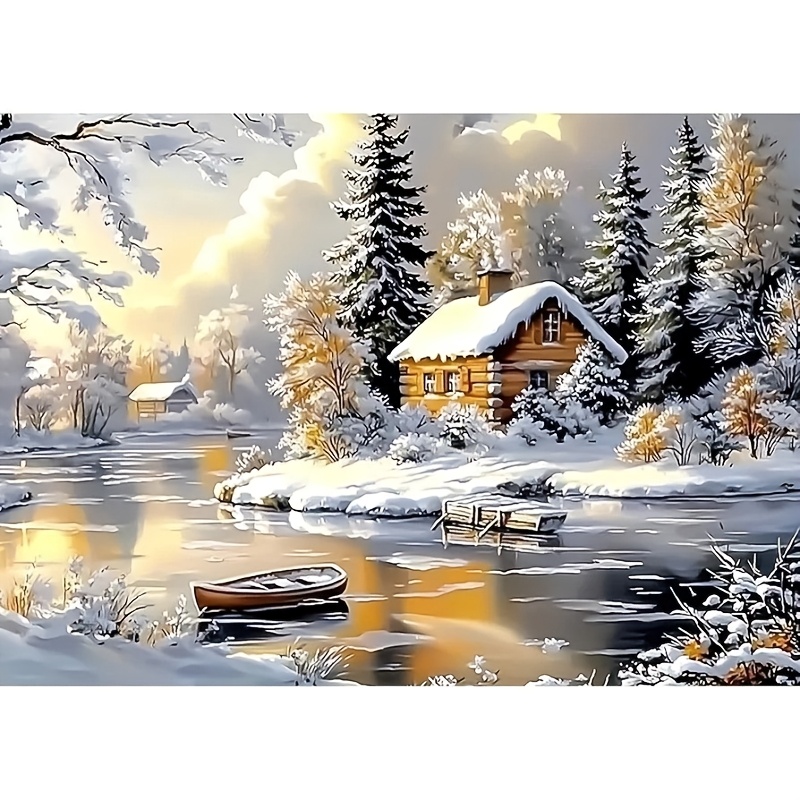 TEMU New Arrival! Winter Cabin Snow Scene Diamond Painting Kit, Suitable For Adults And Beginners, 5d Diy Round , For Home Wall Decor, Christmas