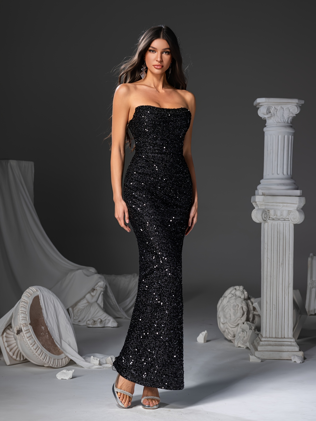 sachin and babi light blue dress Black Petite Sequin Shoulder Pad Backless Midi Dress main image 0