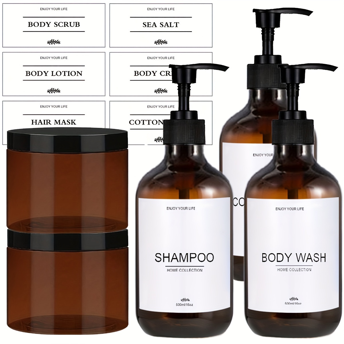 TEMU Bathroom Shower Dispenser Set Reusable Amber Bottles Use For Shampoo Conditioner Hair Mask Sea Salt Body Scrub Storage With Labels