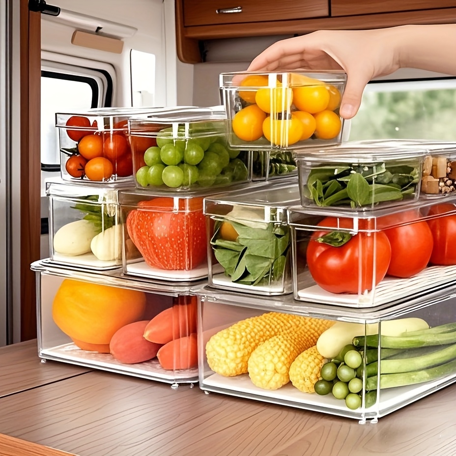 7 14pcs bpa free stackable fridge organizer bins with lids clear refrigerator storage containers for fruit vegetables food and drinks uncharged food contact safe rv organization essentials rv refrigerator parts
