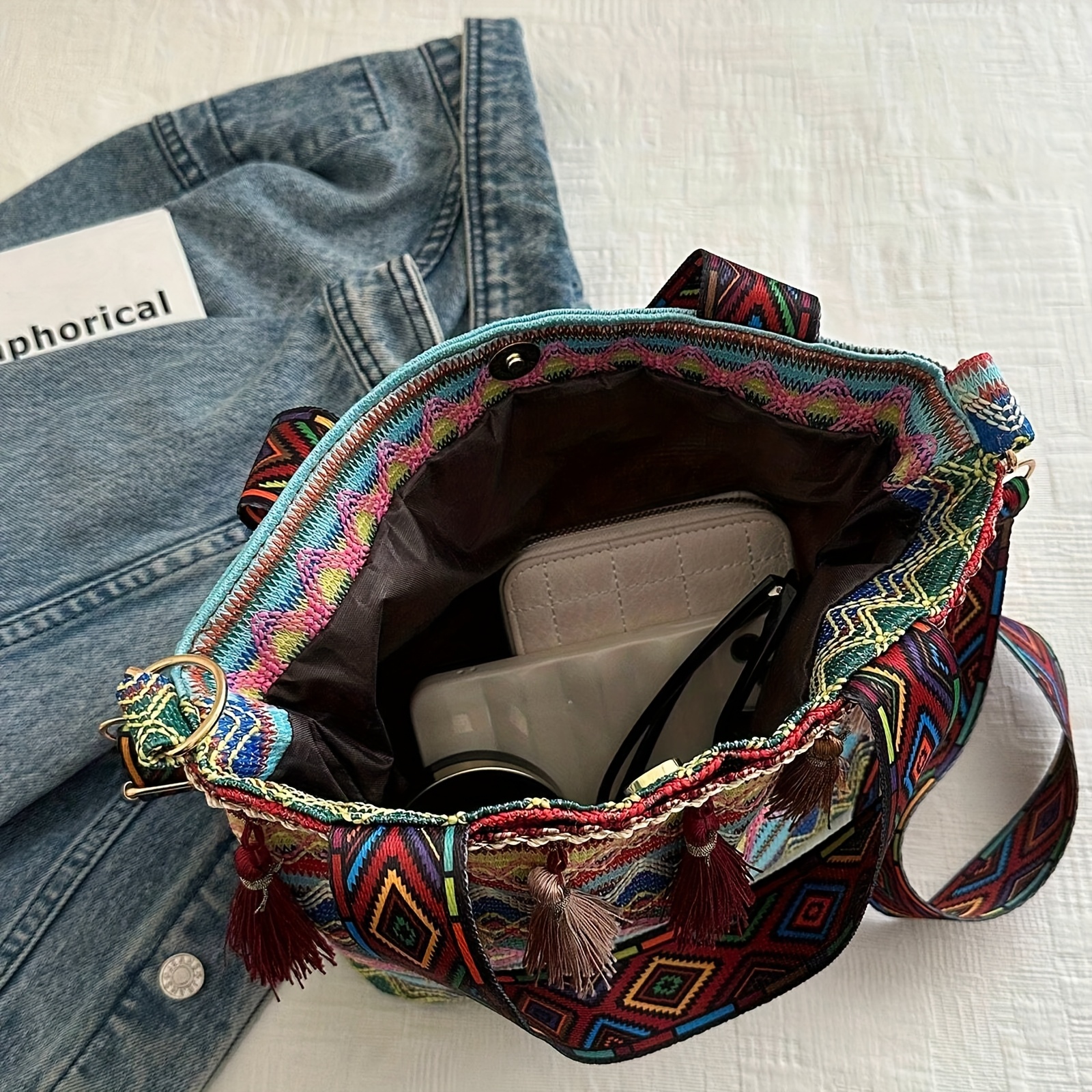 boho chic woven fringe bucket bag vibrant geometric - Temu