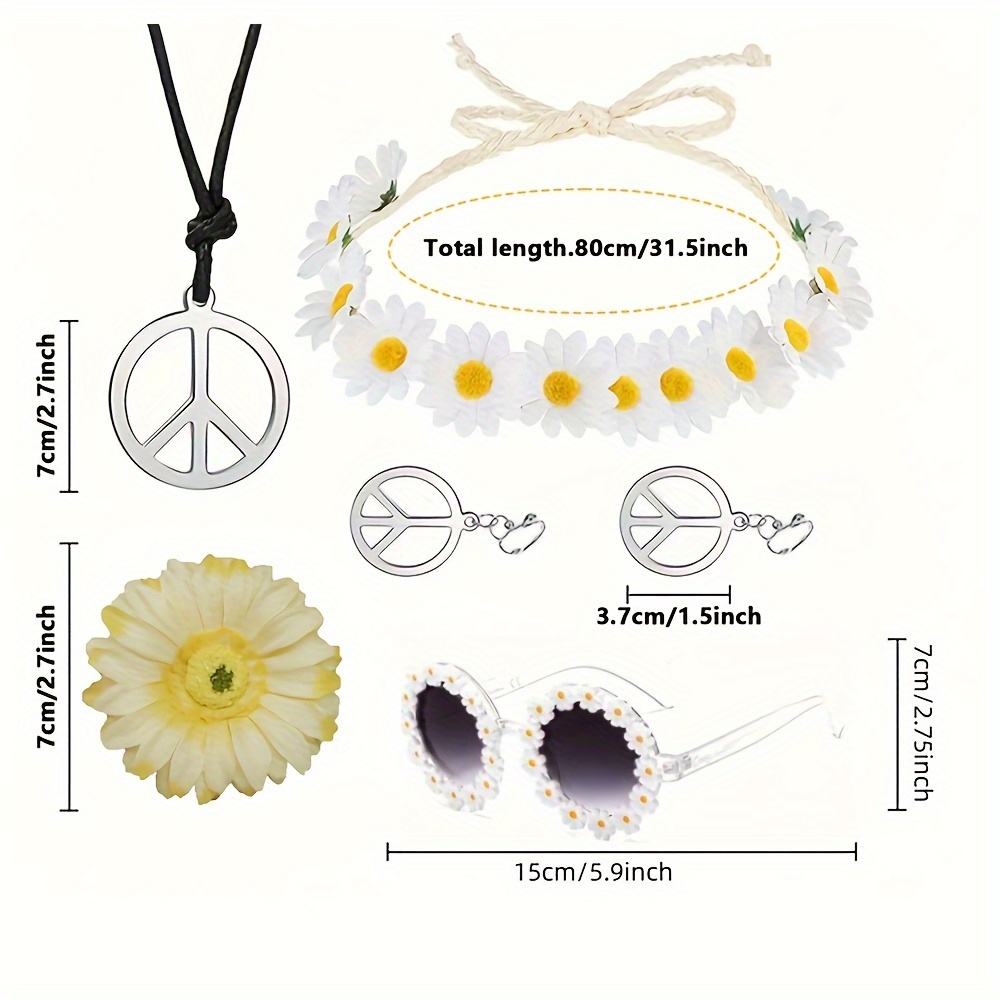 6/7pcs/set Women Hippie Costume Set Accessories Peace Logo Necklace &  Earrings Sunglasses Flowers Hippie Headband Headwear Wristband For Holiday  Party