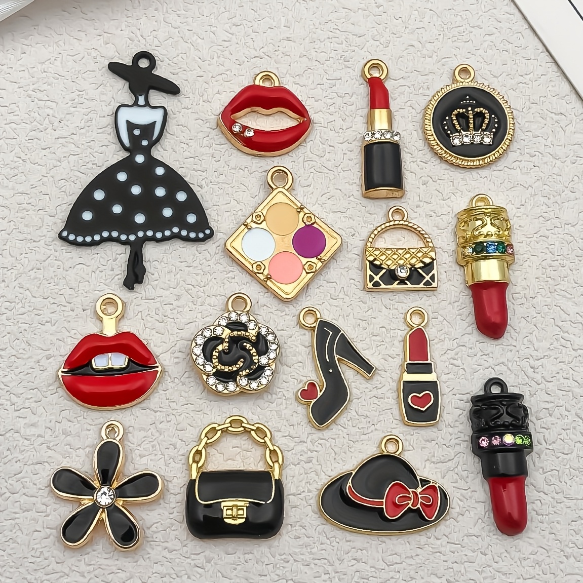 TEMU Set Of 15 Stunning Mini Charms With A And Enamel, Makeup For Women's Fashion Pendants Featuring A Lipstick Design, Ideal For Necklaces,