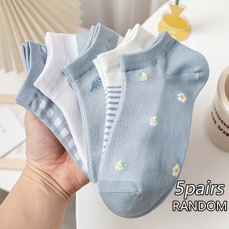 TEMU 5-Pack Calzini alla Caviglia /Estate - Colorati, Carini, Blu Fragola, in Maglia Traspirante, Freschi, Ideali per Look Casual, con Motivi a Semplici