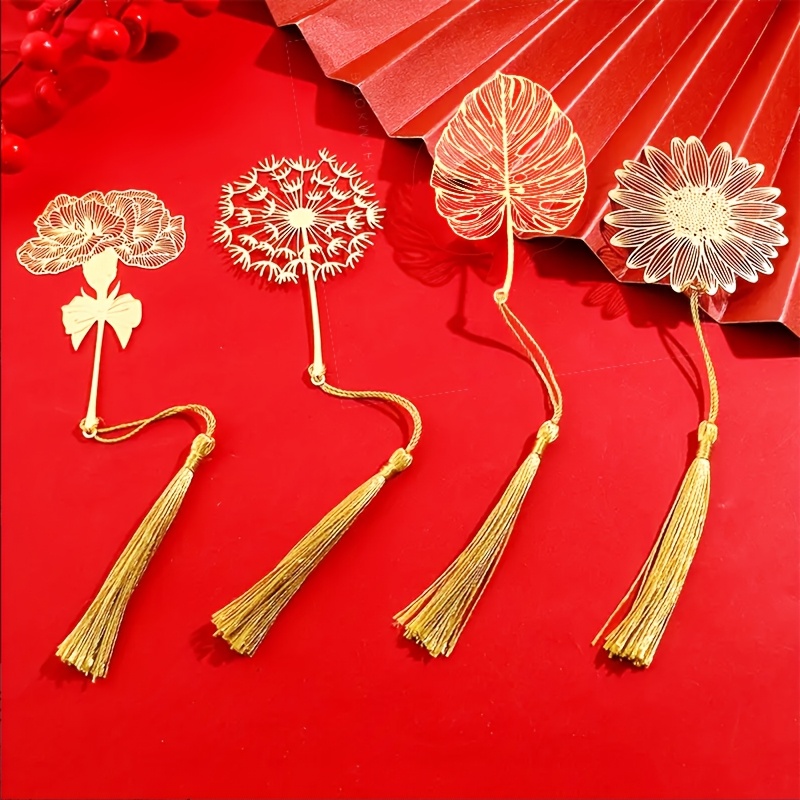 Image of 4pcs Hollow Metal Bookmarks With Tassels - Seasonal Leaves, : Carnation/ Dandelion/sunflower Chinese Cultural Gift For Teachers/
