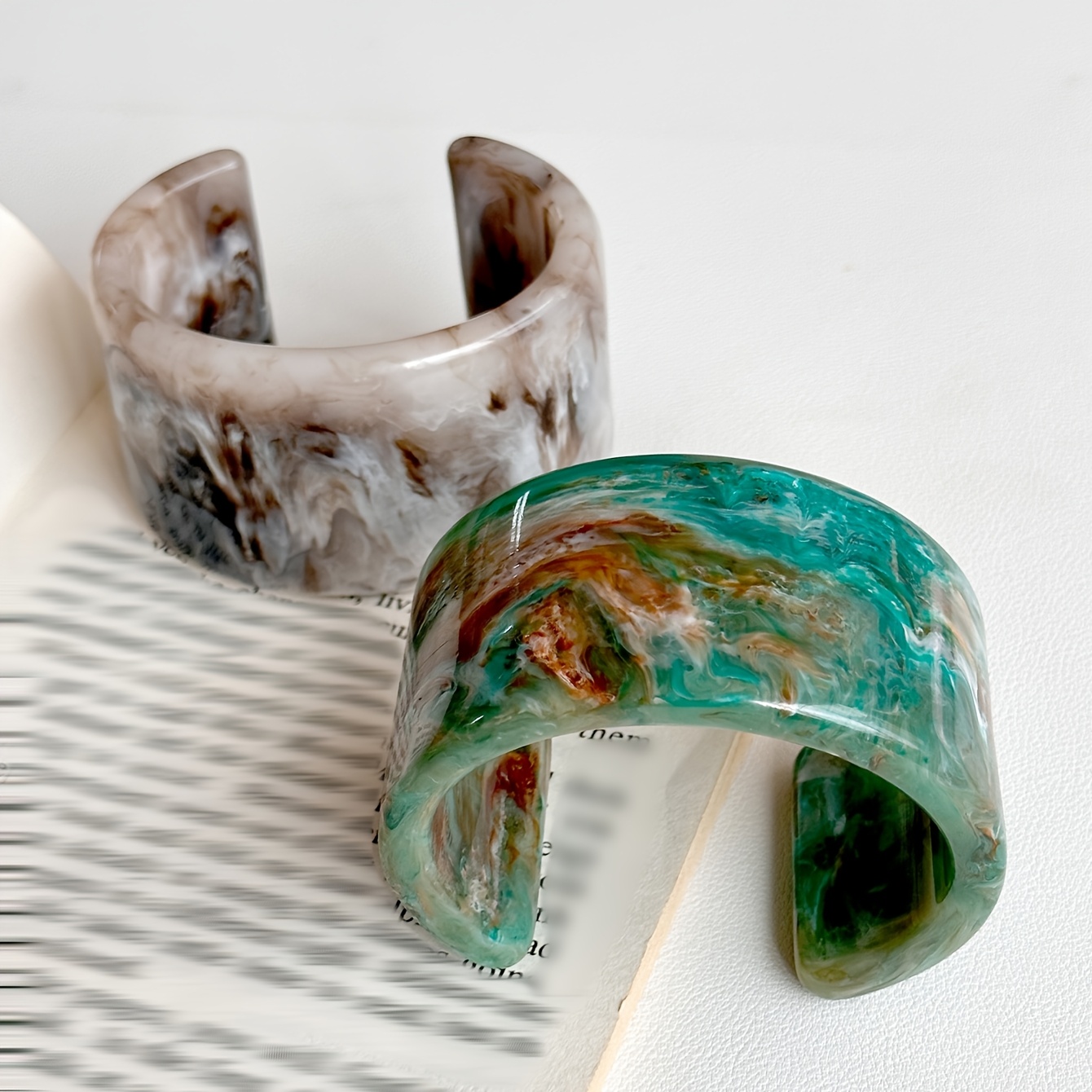 Boho Vintage Style Wide Resin Bangle Bracelet, Adjustable Cuff