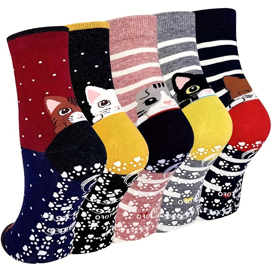 

5 Pairs Women's All-season Knitted Non-slip Grip Yoga Socks - Cotton Blend With Silicone Dots, Machine Washable, Striped Pattern With Cat Design