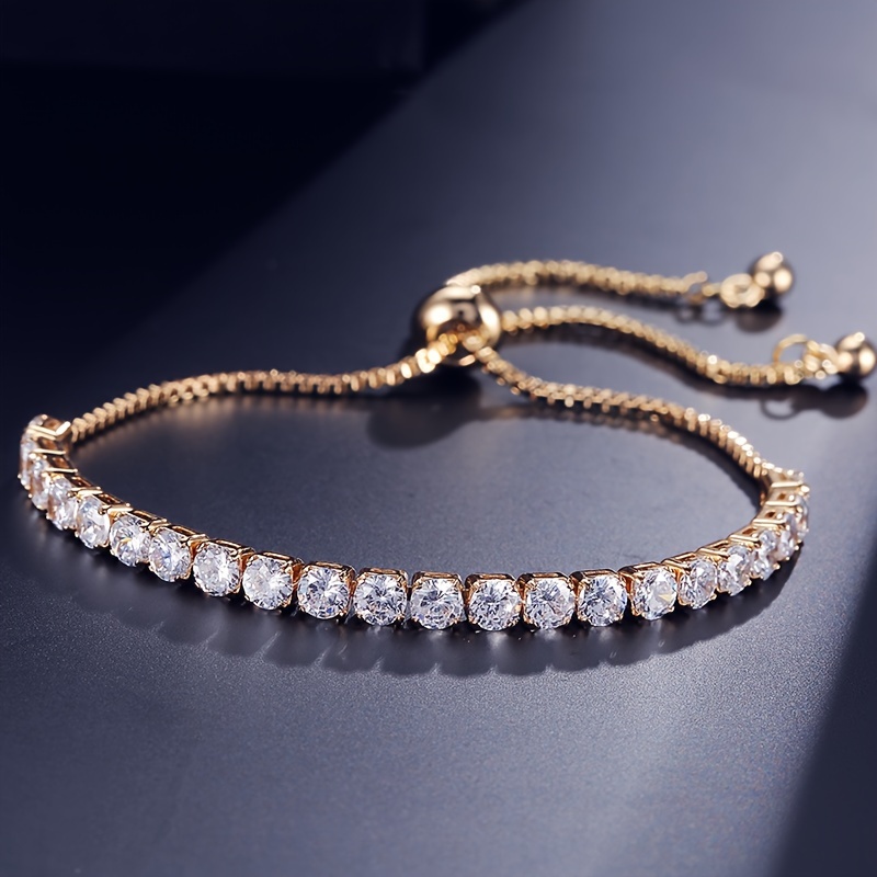 Visually Appealing Vintage-Inspired Cubic Zirconia Tennis Bracelet - Chic Adjustable Copper Chain with Sparkling Rhinestones, Perfect for Parties &amp; Casual Attire, Ideal Valentine&#39;s Day Gift