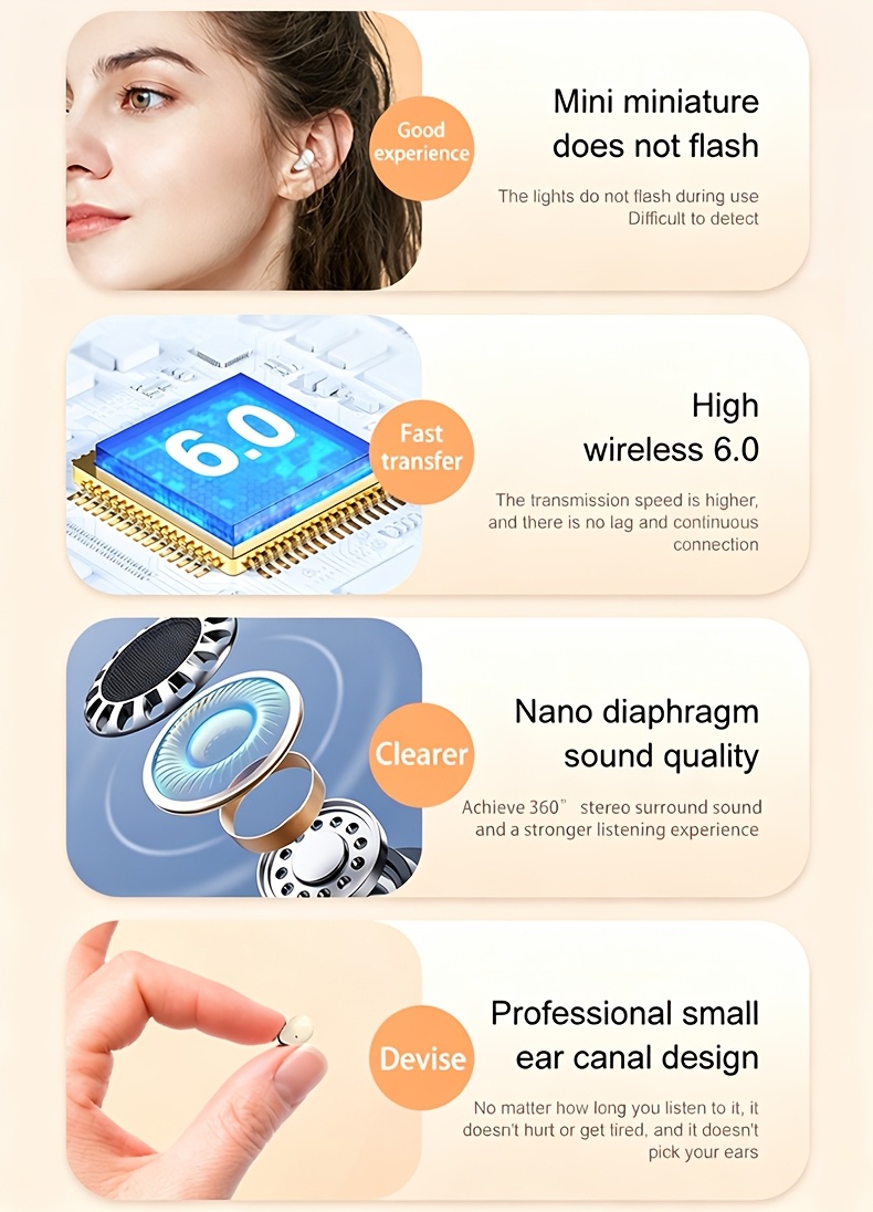 Invisible Sleeping Headphones - Ultra Small Mini In Ear Sports 6.0 Bluetooth Wireless Earphones, 6D Bass Sound Effect HIFI Music Earbuds, Low Latency, Dual Noise Reduction, And Sleep/Game Mode, Surprise Gifts for Couples, Students, And Adults