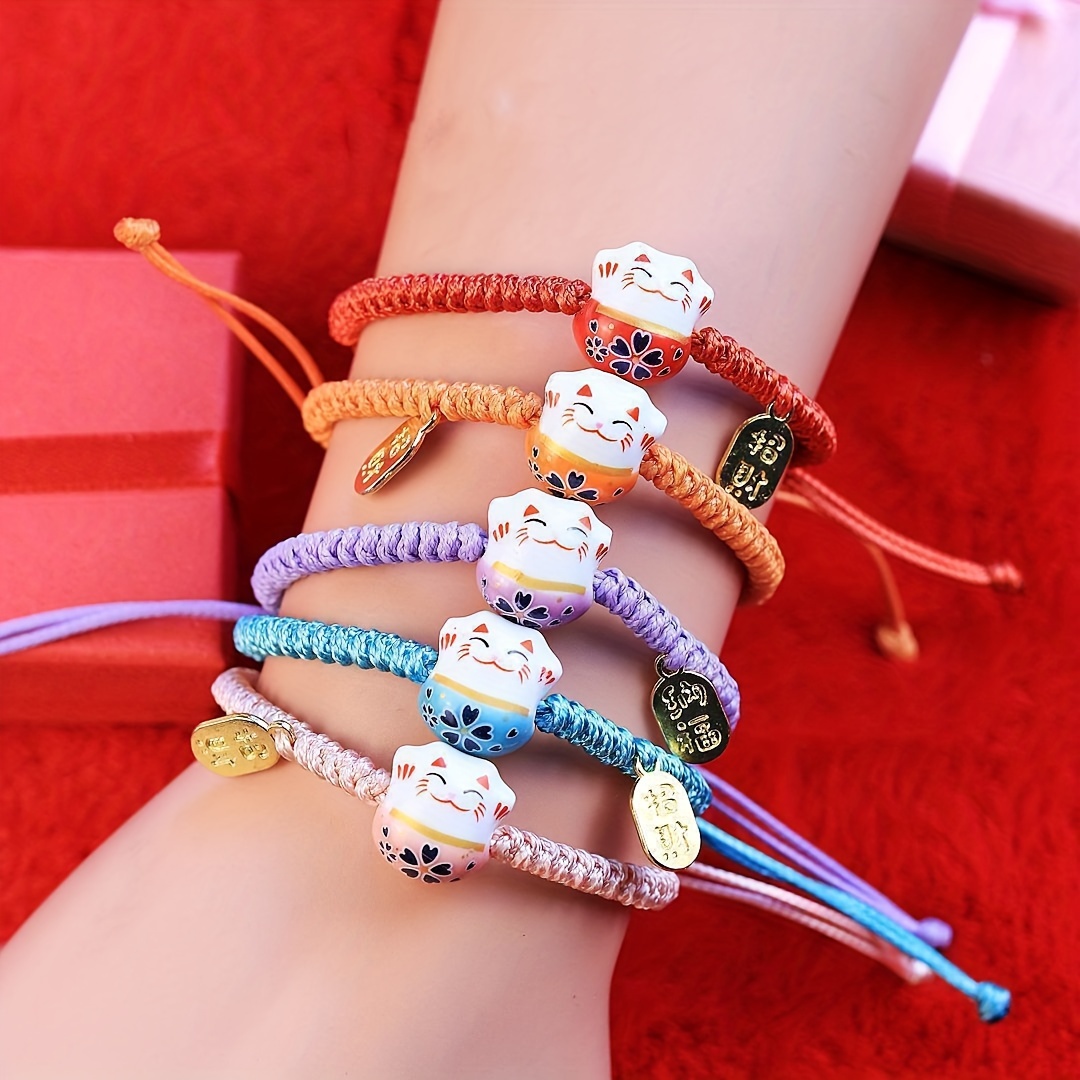 

1pc Handcrafted Fortune Cat Ceramic Charm Bracelet, Cartoon Maneki Neko Wax Cord Adjustable Wristband For Good Luck, Choose Your Color