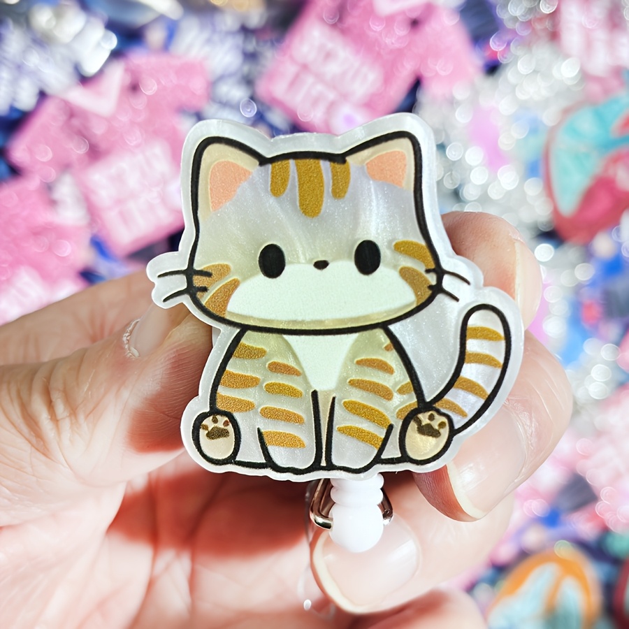

Cute Cat Retractable Badge Reel - Acrylic Id Holder Clip For Nurses & Office Use