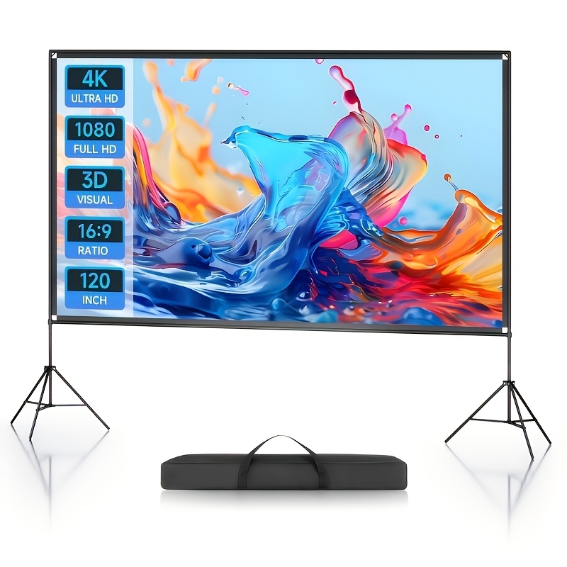 120 Inch Projector Screen With Stand 16:9 4k Hd Outdoor Portable Movie Screen With Tripod Stand Includes Carry Bag Washable Folding Wrinkle-free Projection For Home Theater Movie Night Christmas