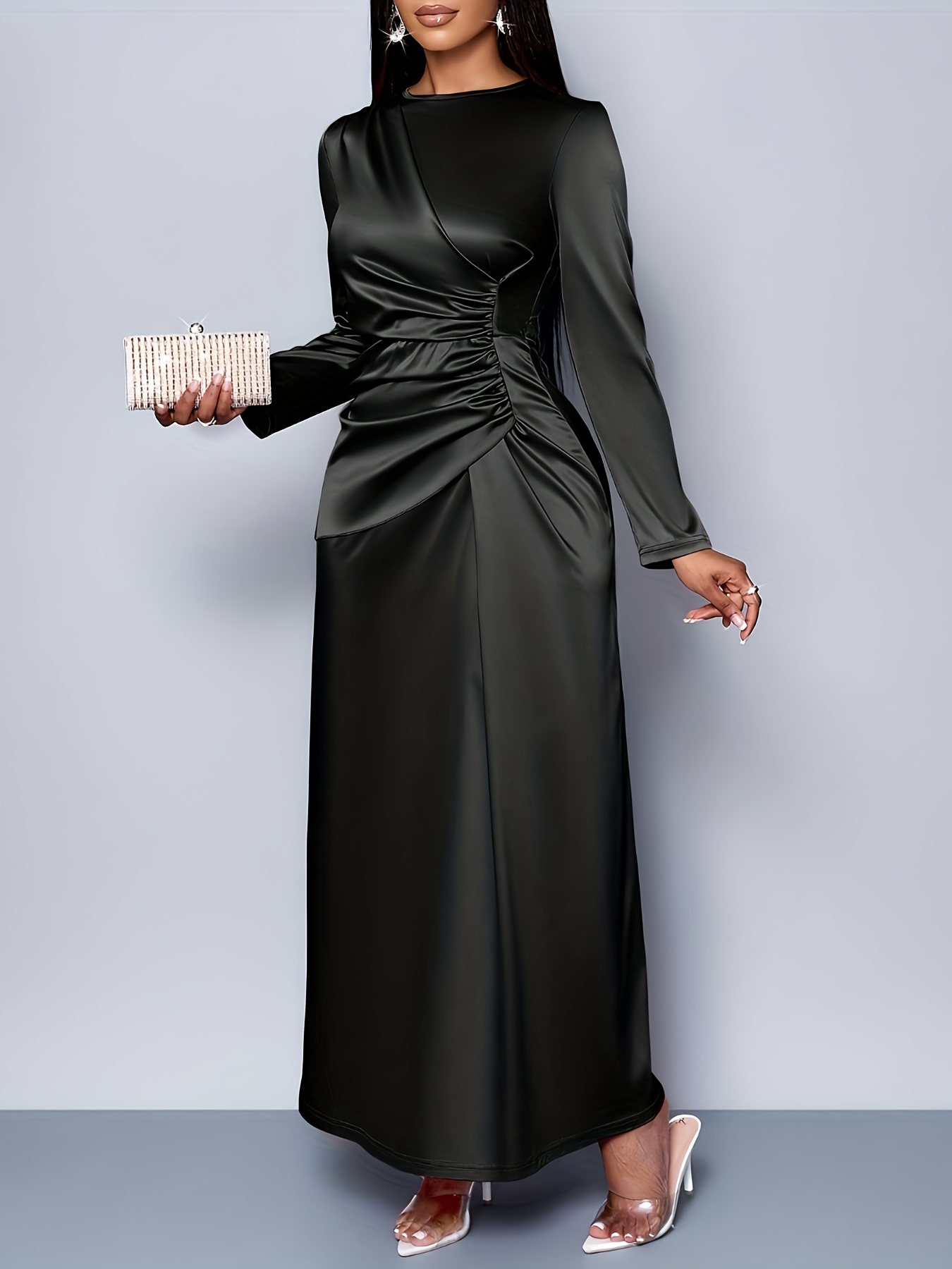 womens elegant solid color ruched side satin bodycon dress - Temu Australia