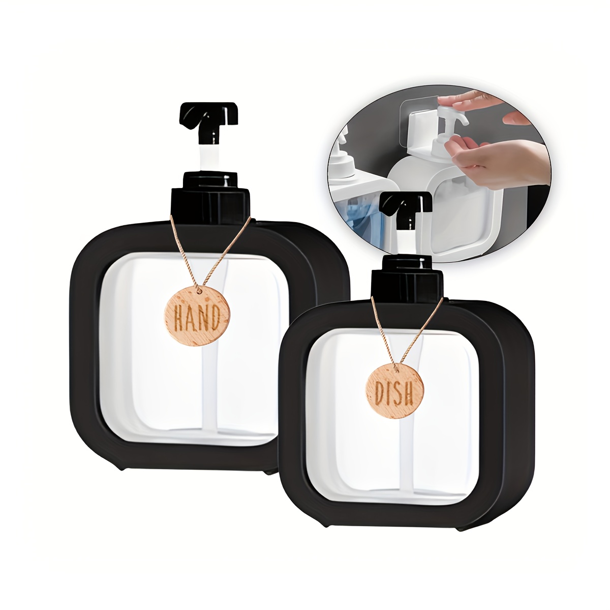 E-shop 2 Stück Transparente Nachfüllflaschen für Badezimmer Duschgel Handseife Reise Kunststoff Pressflaschen Lotion Leere Behälter mit Holzanhängern