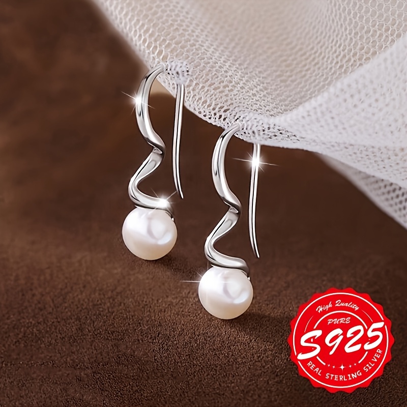 Women's 925 Silver Imitation Pearl Wavy Hook Earrings