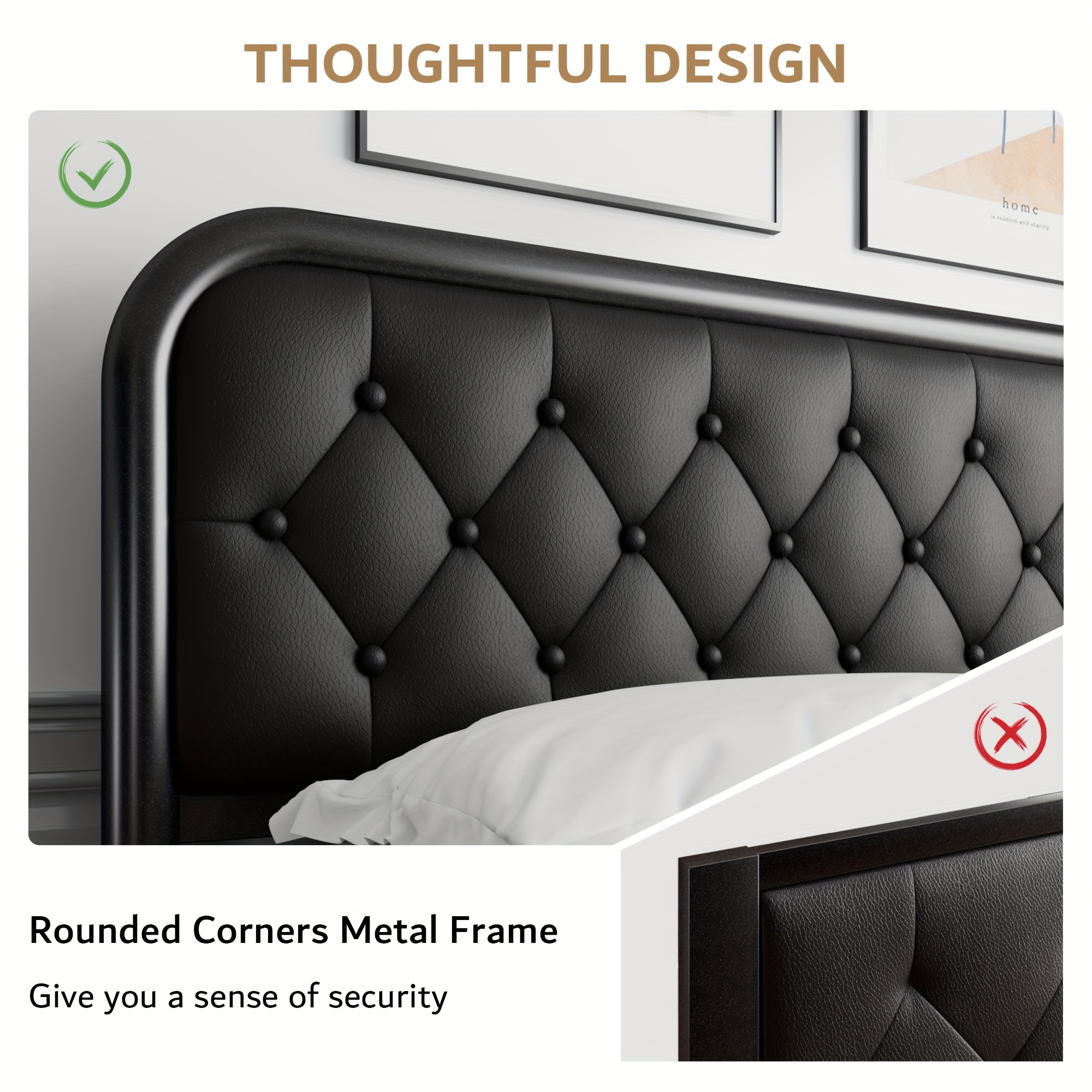 Metal Bed Frame, Platform Bed Frame with Faux Leather Headboard, Heavy-Duty Thicker Metal Steel Slats Support, 12'' Under-Bed Space, Easy Assembly - Image 8