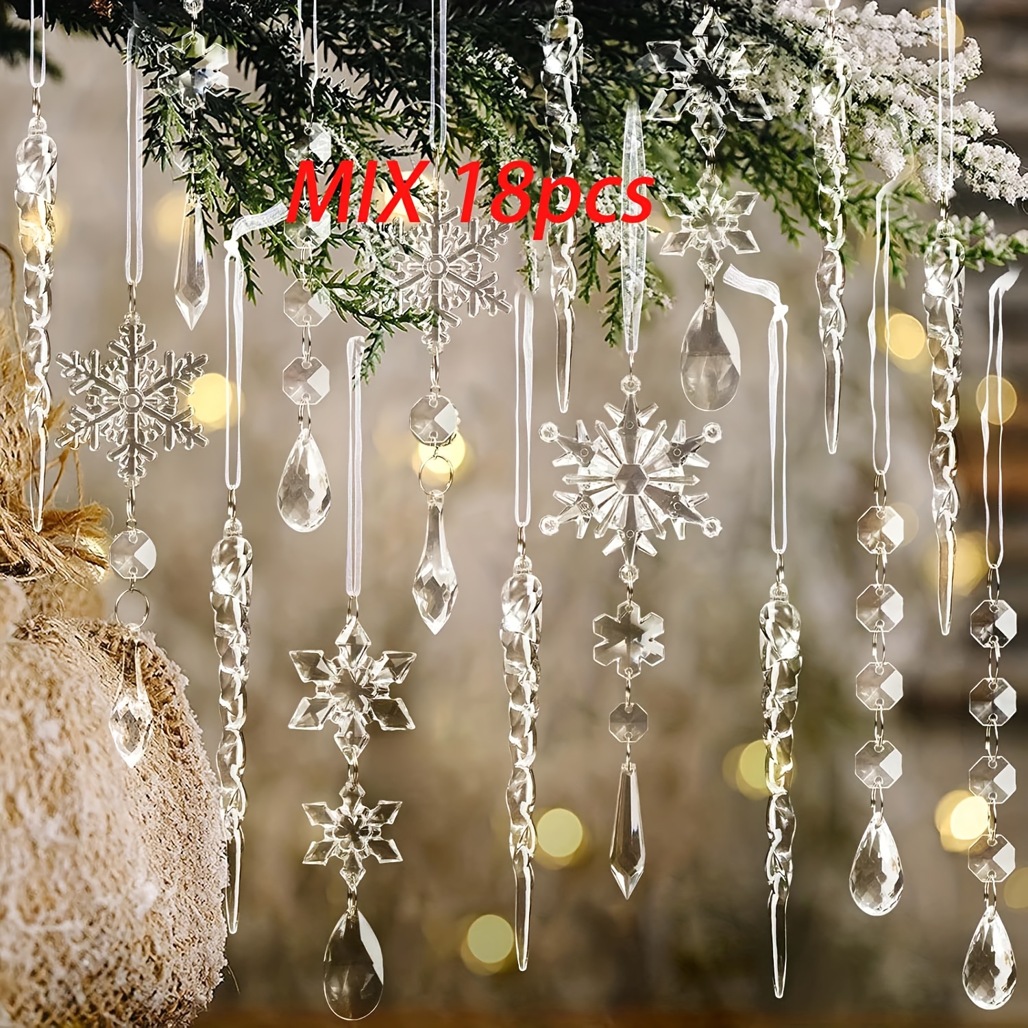 18pcs Set Of Crystal Ornaments For Christmas Tree Decoration - Acrylic Snowflake And Icicle Drop Ornaments For Winter And New Year Celebrations