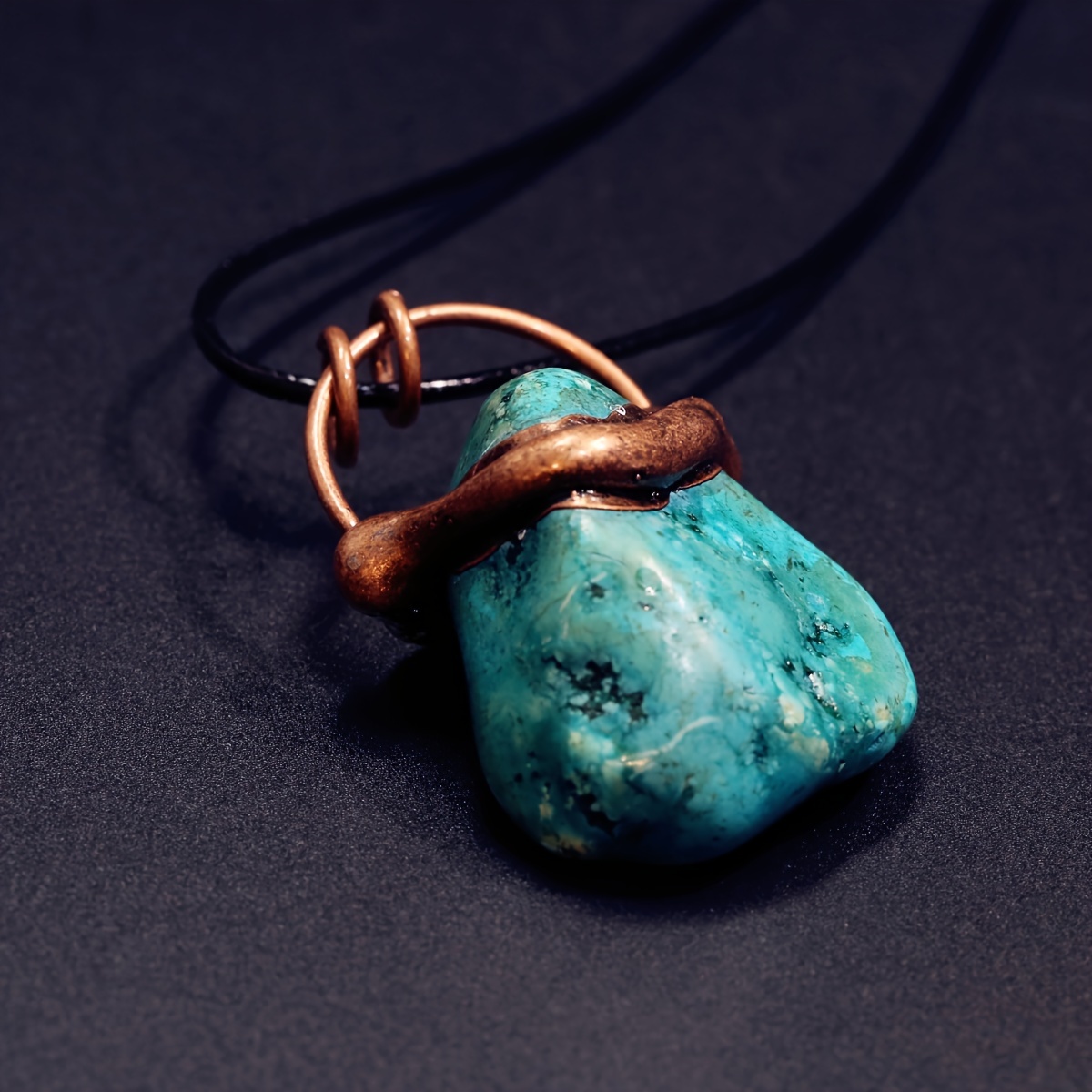 

Natural Turquoise Pendant, 1pc Raw Stone Necklace, Women's Jewelry With Leather Cord & Copper Wrap, With Gift Box