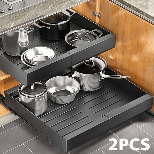 2pcs and 4pcs heavy duty expandable pull out drawers for kitchen cabinets no drill sliding shelves rolling baskets adjustable width 11 8 18 11 carbon steel organizer fits under sink pantry bathroom laundry fridge