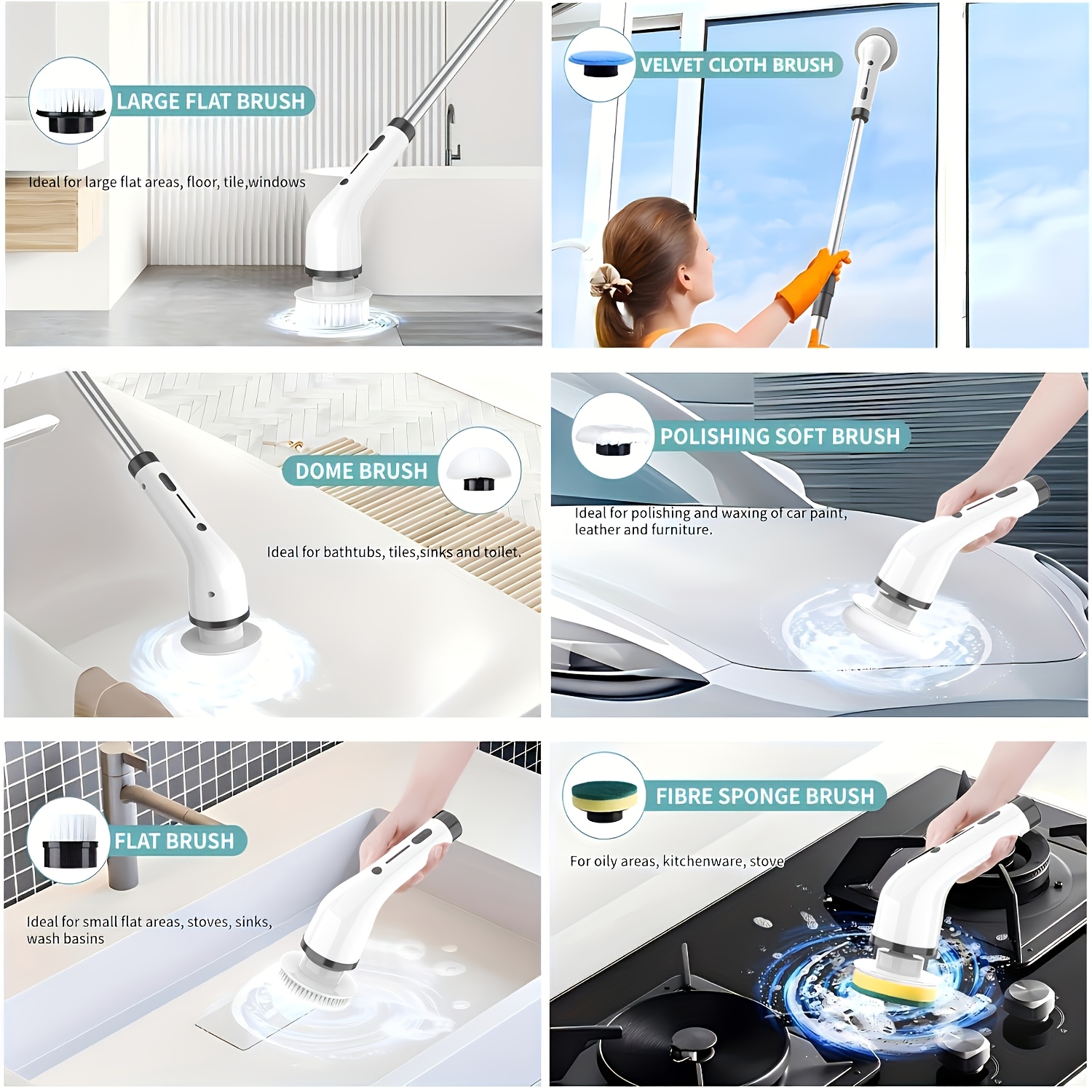 2026 electric spin scrubber dual adjustable   cordless adjustable detachable handle 8 replaceable brush heads up to 300 400rpm for floor bathroom tub tile Product details 7
