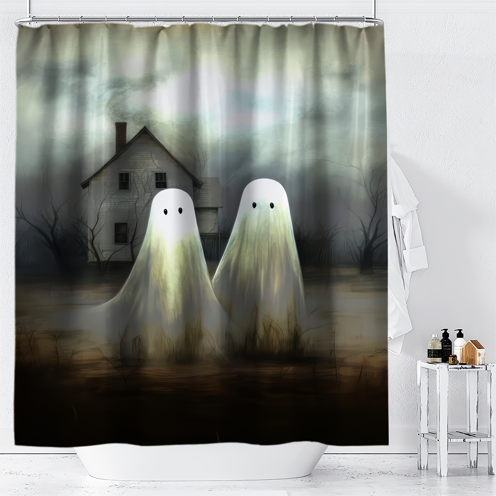 

Ywjhui Halloween Shower Curtain 1pc, Spooky Ghost Mansion Digital Print, Water-resistant Polyester Fabric With Knit Weave, Includes Hooks, Machine Washable, Cartoon Horror Theme Decor For All Seasons
