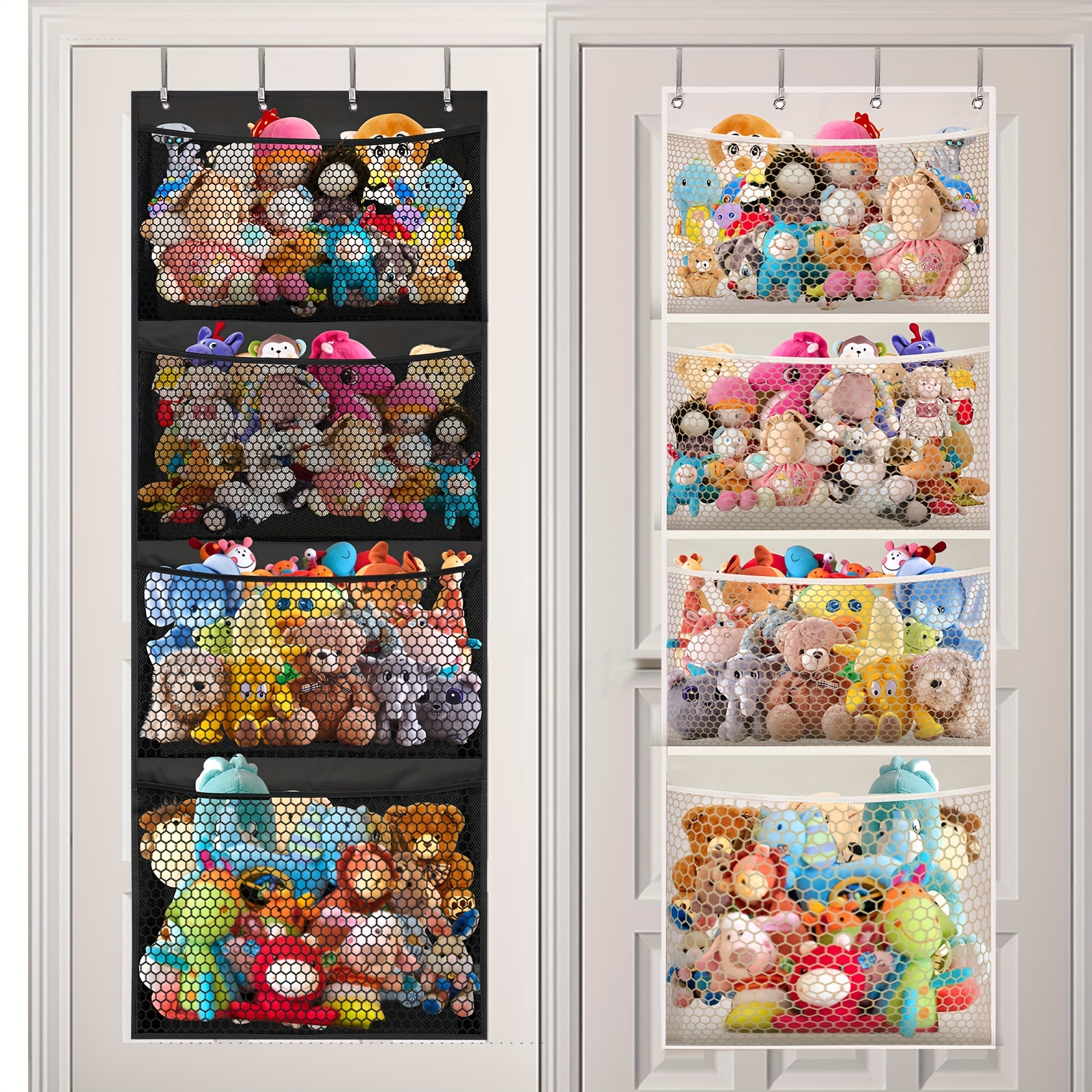 

4 Large Pockets Hanging Stuffed Animal Storage, Over Door Large Plush Toy Organizer With Metal Hook, Baby Accessory Holder Idea For Nursery, Doll & Bear Mesh Hammock Bag For Girl Boy Kid Room