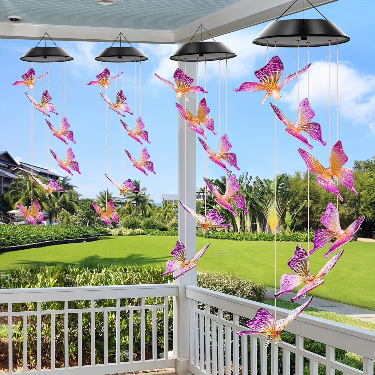 Luces de carrillón de viento con energía solar con diseños de mariposas moradas y amarillas, que incluyen iluminación LED exterior que cambia de color para fines decorativos de paisajismo. Estas lámparas solares de jardín y luces colgantes son regalos perfectos para madres y esposas.