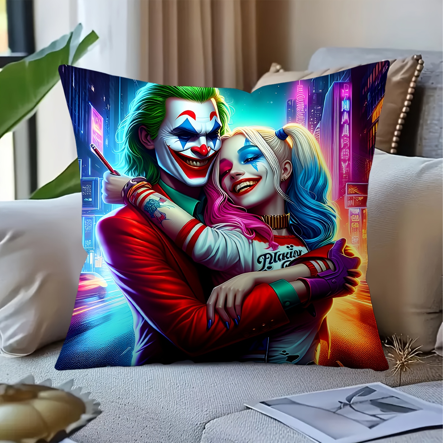 TEMU Warner . 1pc Cartoon Cute Fun Printed Pillowcase | Joker Couple - Holiday Decoration Rectangular Pillow Cover With Zipper Closure, Bed Headrest
