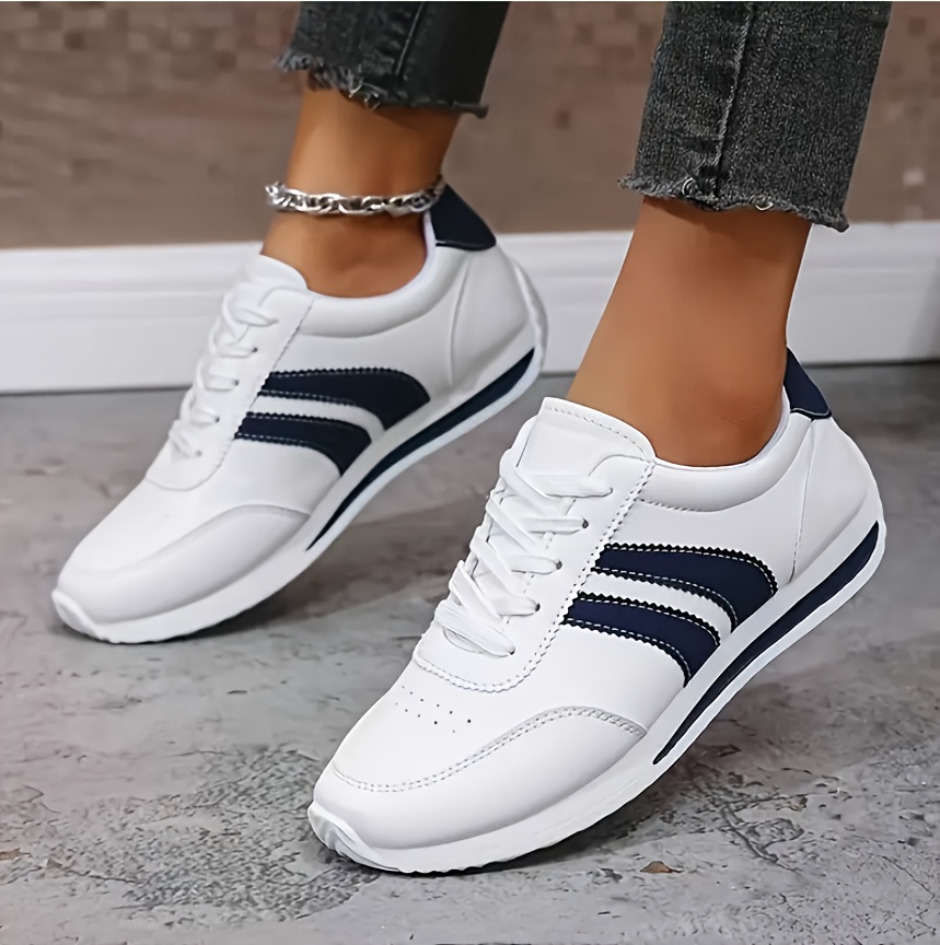 Women'S Casual Sneakers, Lightweight White Synthetic Upper with Navy Blue/Green Stripe Accents, EVA Sole Lace-Up Low-Top Design, All-Season Wear, for Daily Use, Outdoor Sports, Parties, Fitness, Beach Activities, Vacations & Holiday Gifts
