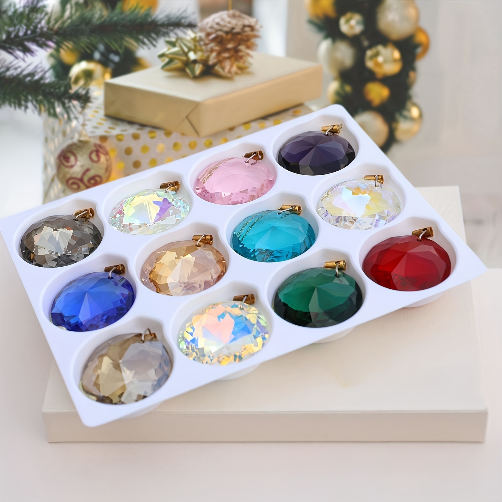 

12-pack Elegant Glass Hanging Ornaments, 1.18 Inch Prism Balls, Christmas Tree Decor, No Power, Featherless, For Christmas, Wedding, Party, Home Decor, Holiday Theme,