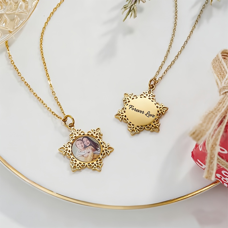 Personalized Photo Snowflake Pendant Necklace, 18K Gold Plated