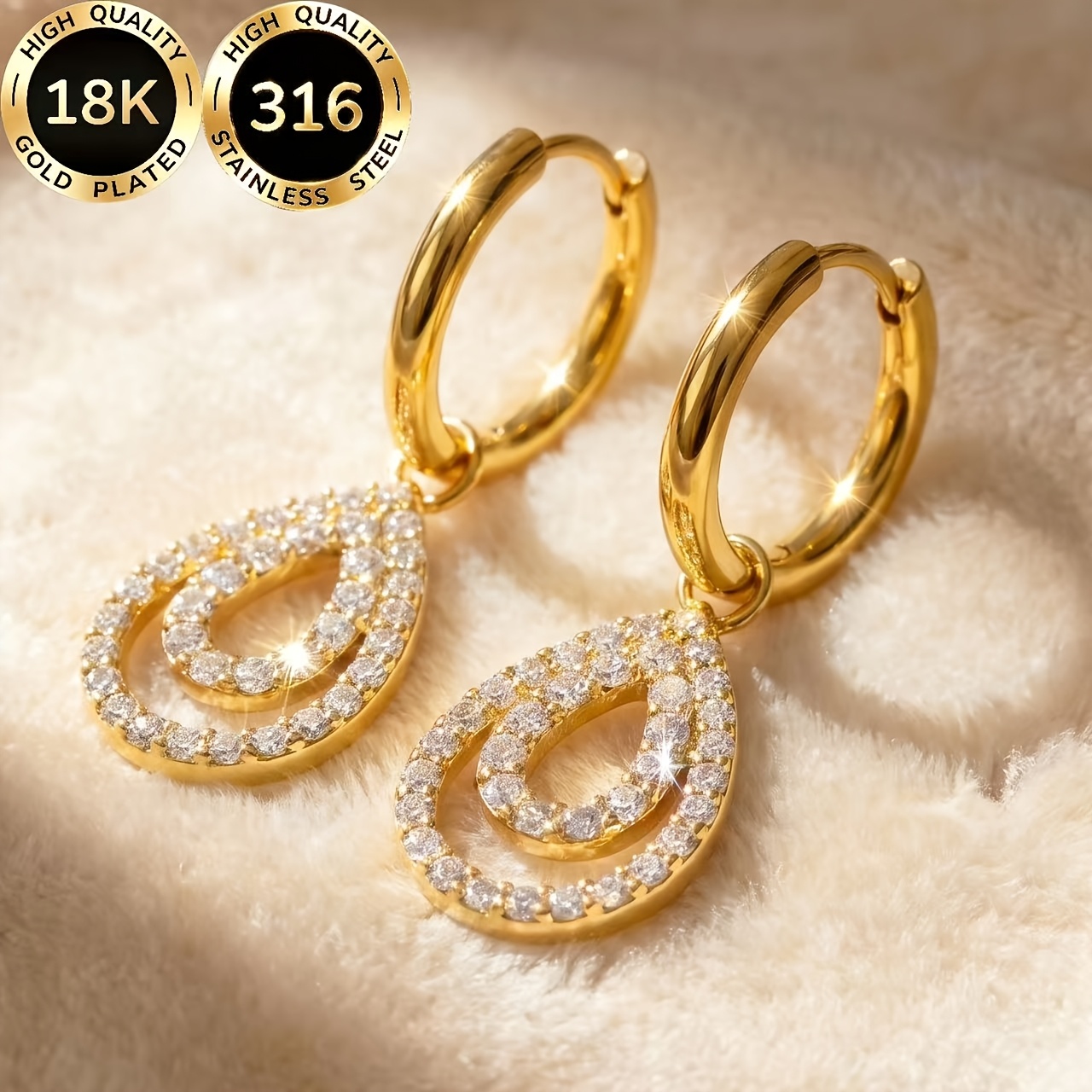 TEMU 1 Pair High-quality Steel 18k Golden Plated Hypoallergenic Facial Contouring Light Luxury Elegant Sparkling Double-layer Teardrop Shape Outline