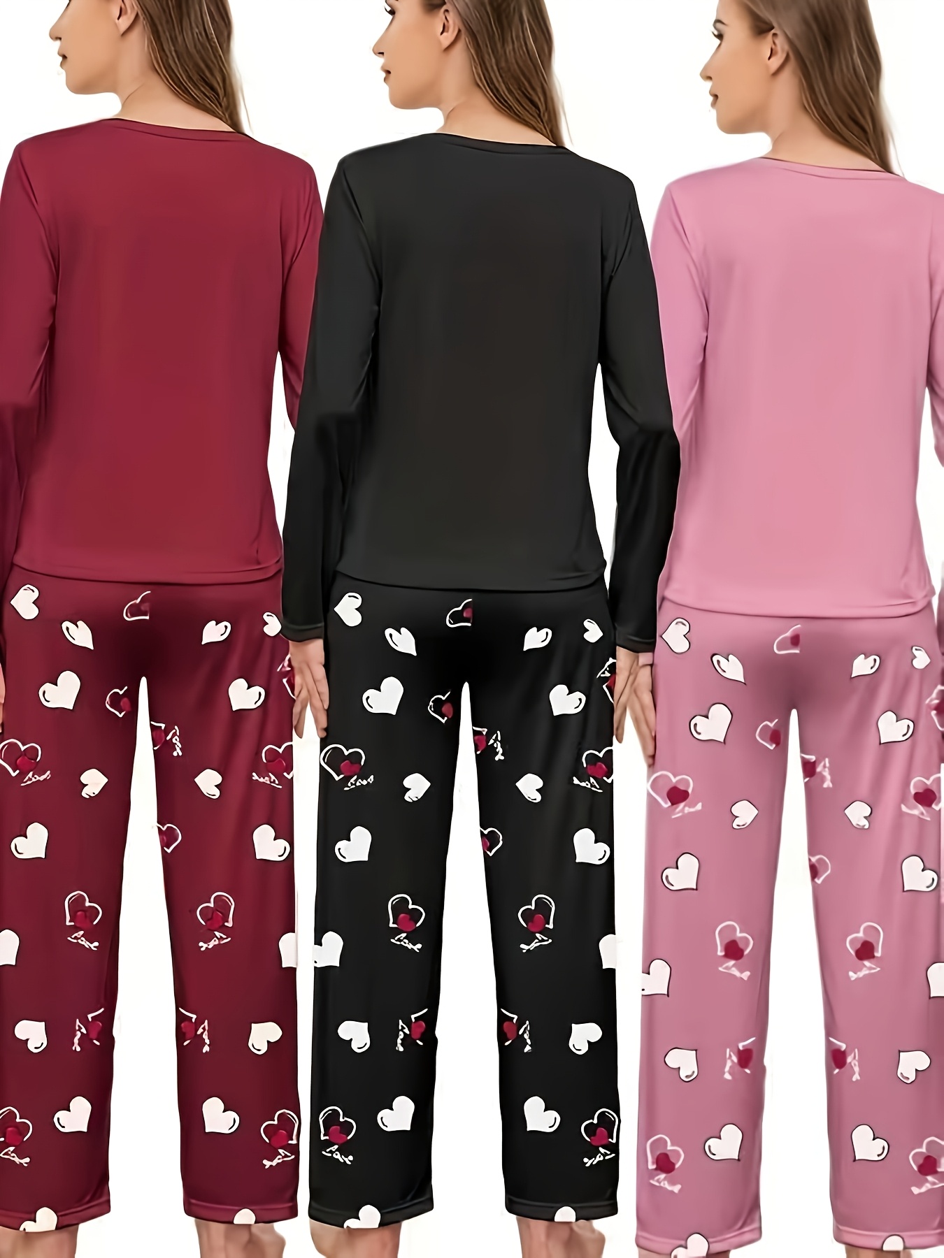 womens new autumn and winter style heart printed pajama set long sleeved and long pants six piece combination set casual and   wear Product details 1