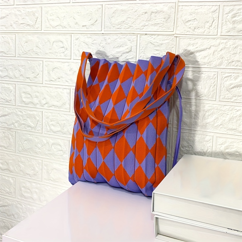 

Foldable Rhombus Pattern Shoulder Bag, Fashion Knitted Tote Bag, Women's Ruched Drawstring Handbag