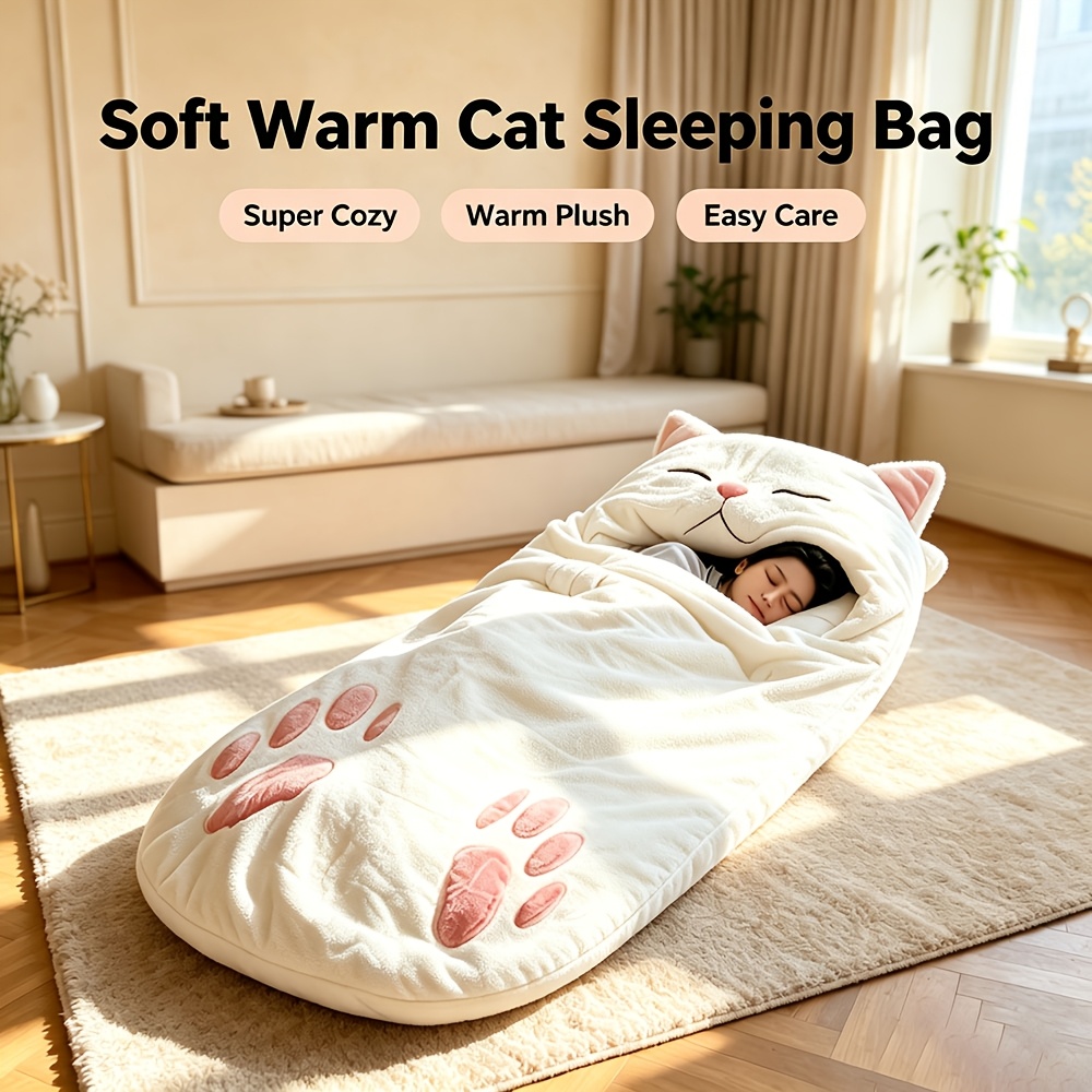 Cute White Cat Adult Sleeping Bag, Portable Storage, Extra Long Full-body Sleep Sack For Bedroom Indoor