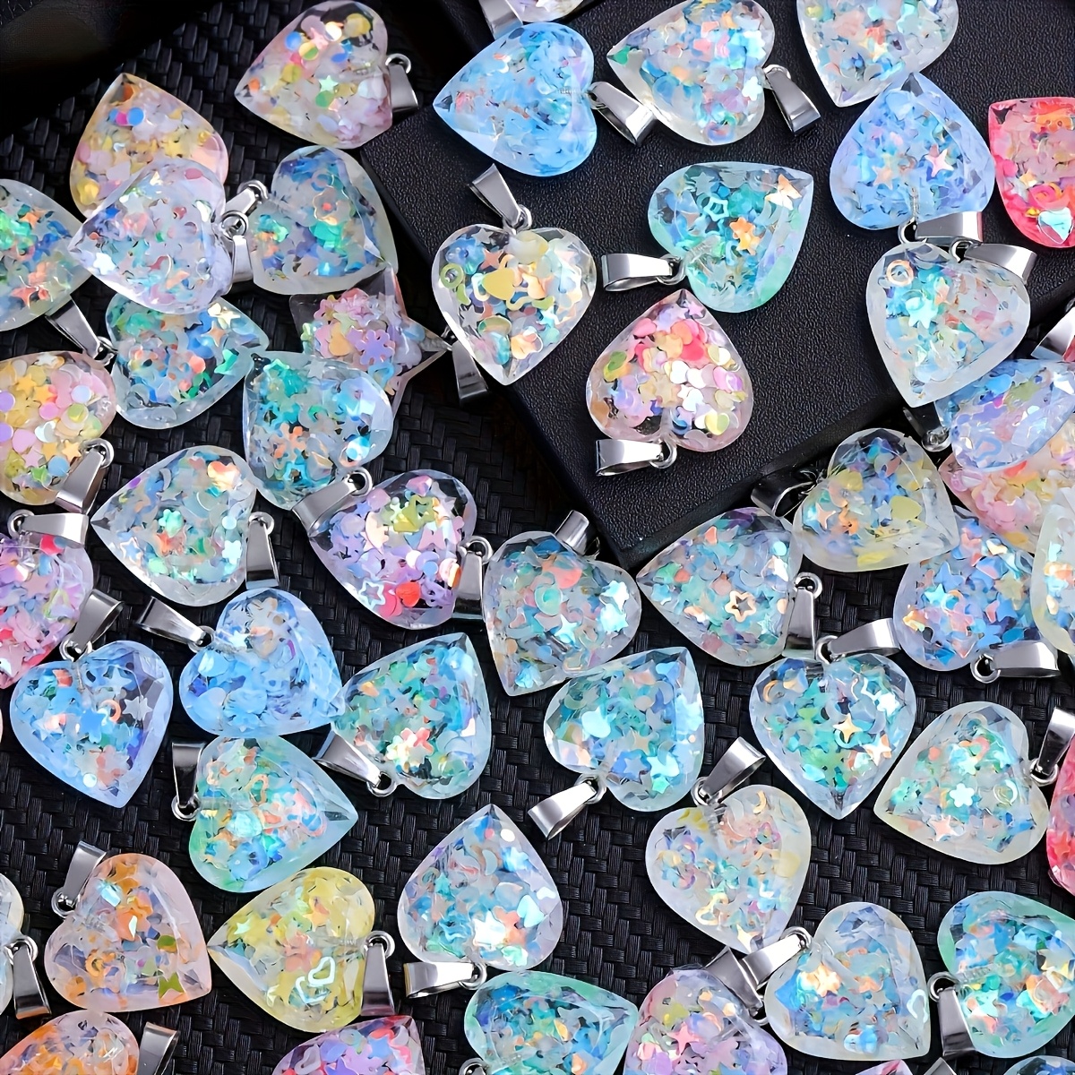 12pcs Resin Heart-Shaped Luminous Glitter Pendants Set