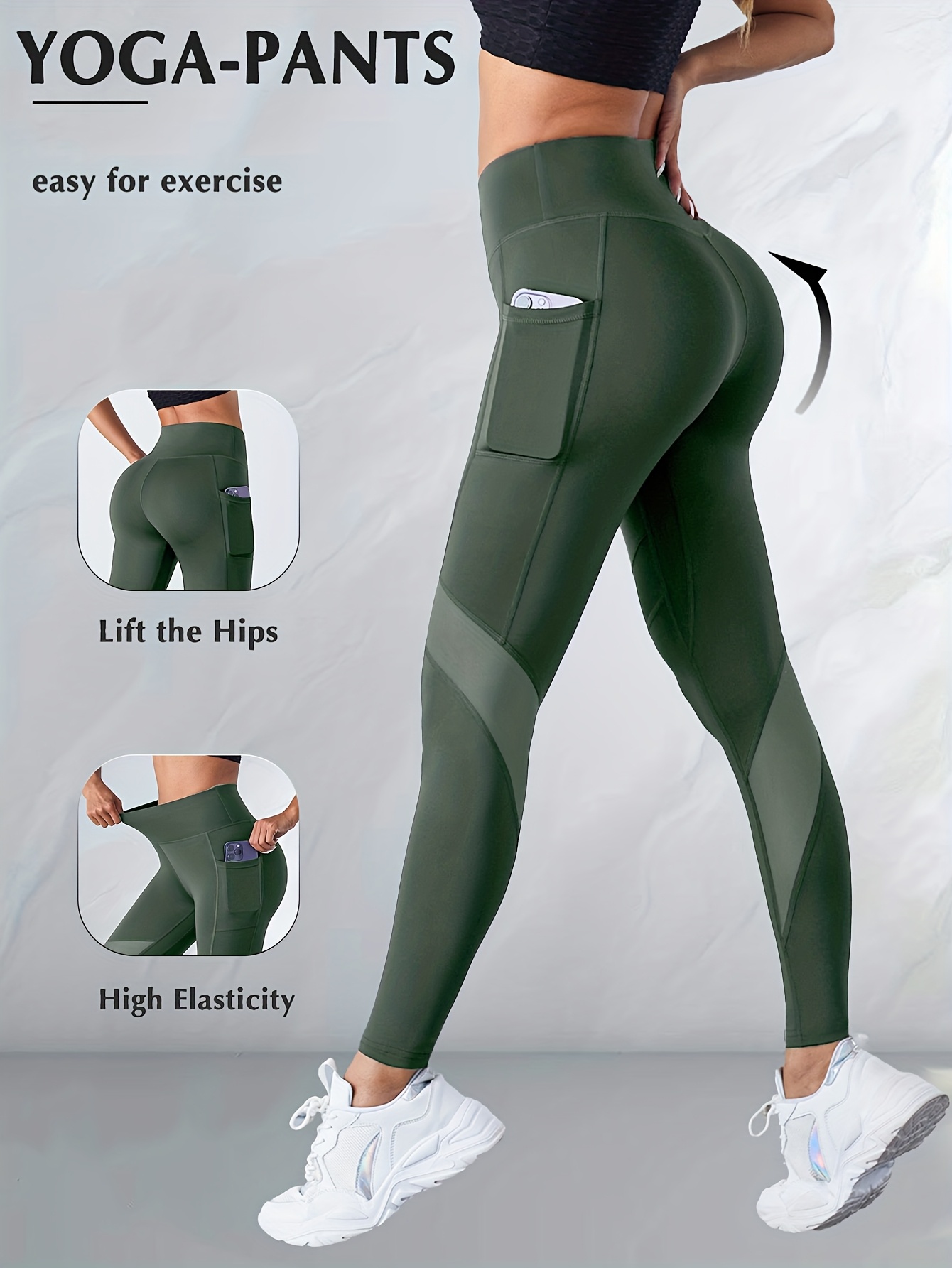 outdoor sports fitness compression high waist high elastic   lifting solid mesh spliced pocket womens yoga long pants