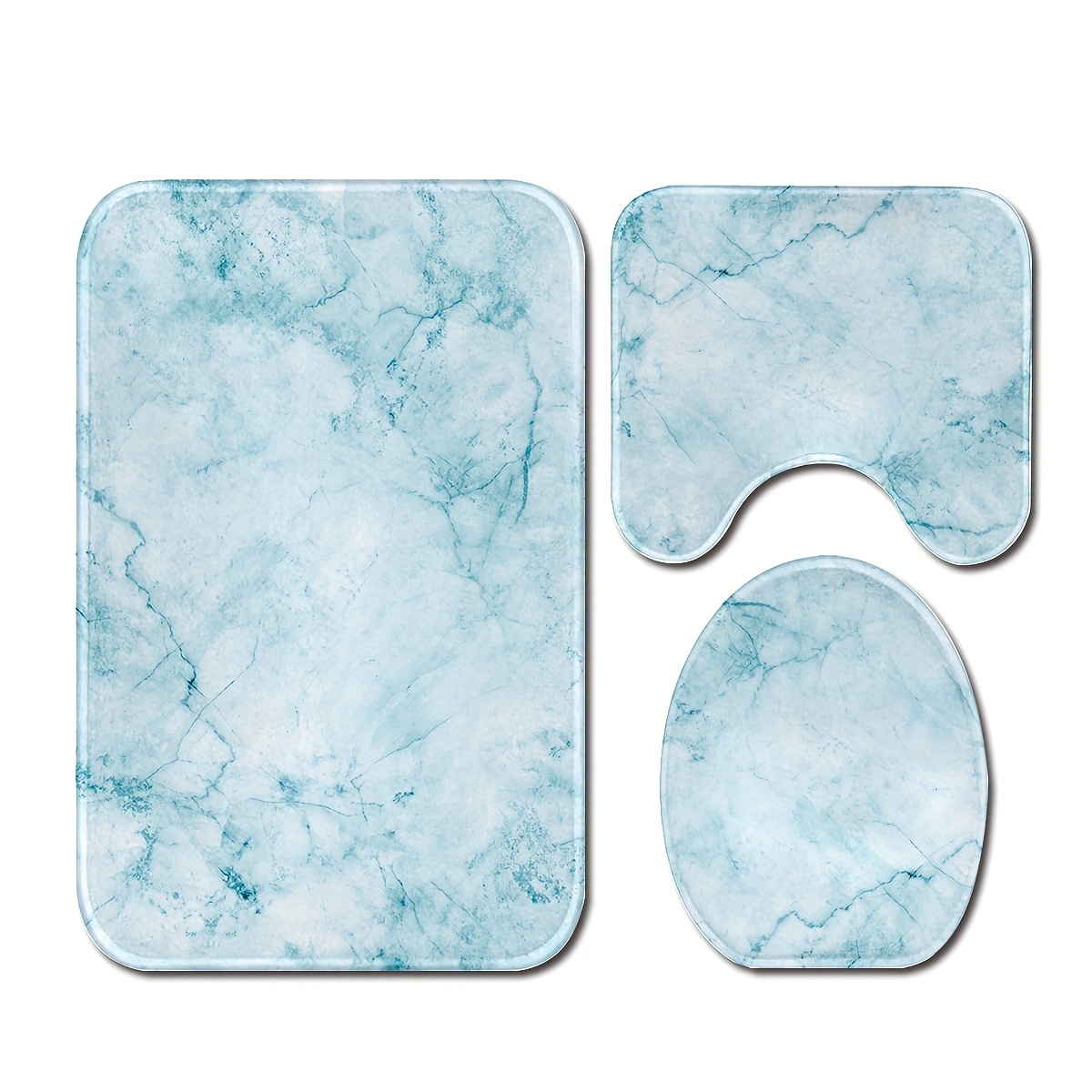 TEMU 3pcs Blue Marble Texture Pattern Bathroom Anti Slip Pad Set, Soft Flannel, Non Slip Bathroom Mat, U-shaped Toilet Mat, Toilet Lid Mat, Bath Mat