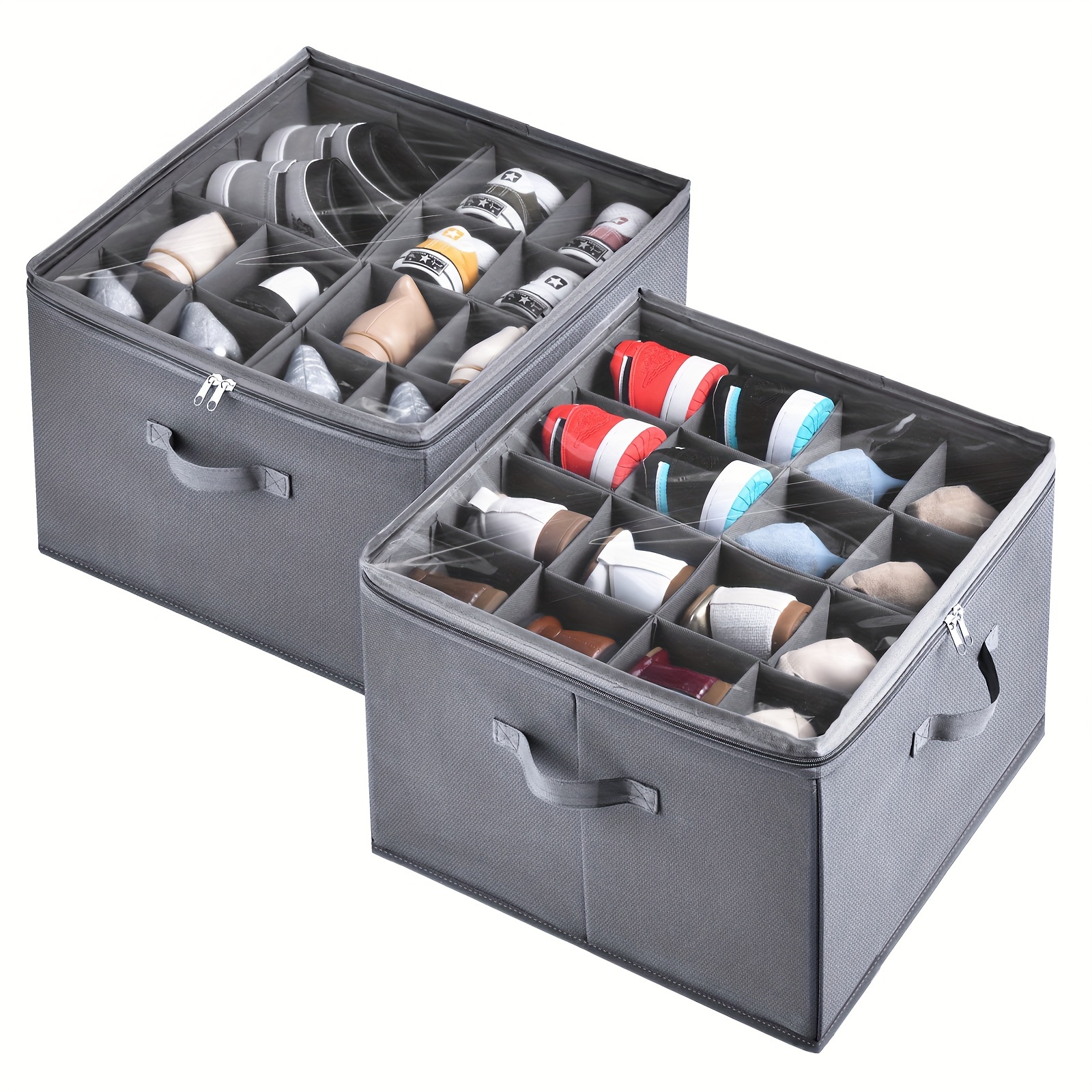 2 pack shoe organizer for closet fits up to 32 pairs adjustable dividers for shoe storage fabric shoe storage bins with clear cover grey details 1