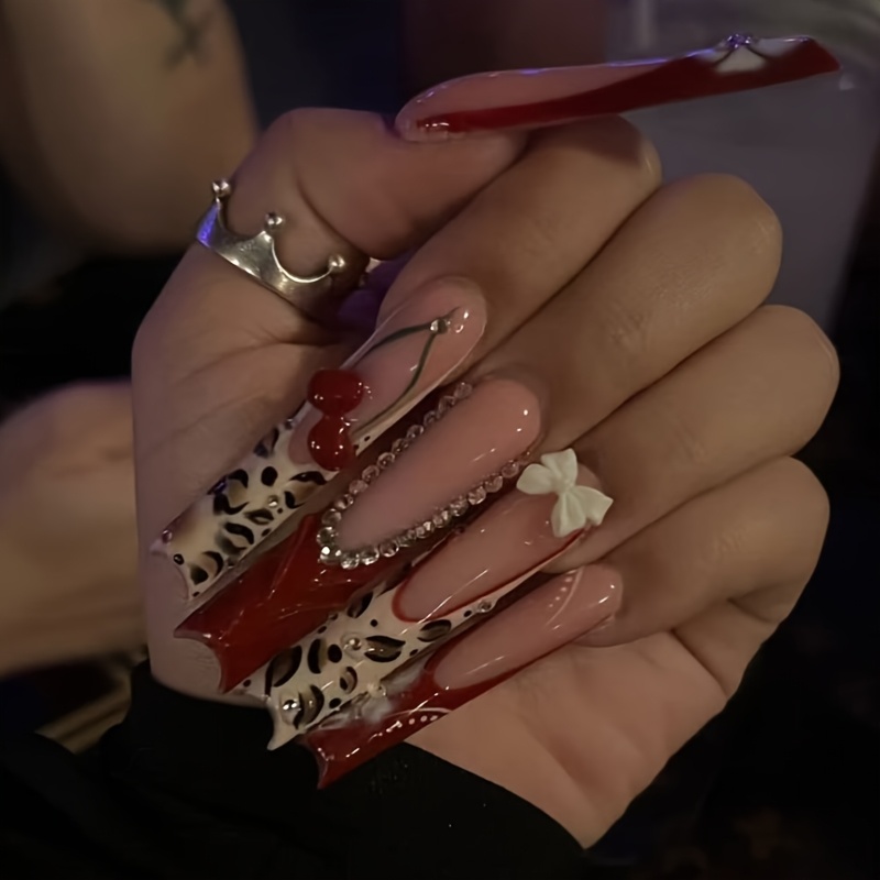 TEMU 24pcs Of Spring And Summer Black-lipped Red Nail Cherry, Press-on Fake Nails, Super Long Leopard Print Combined With Red Nails, Shiny And ,